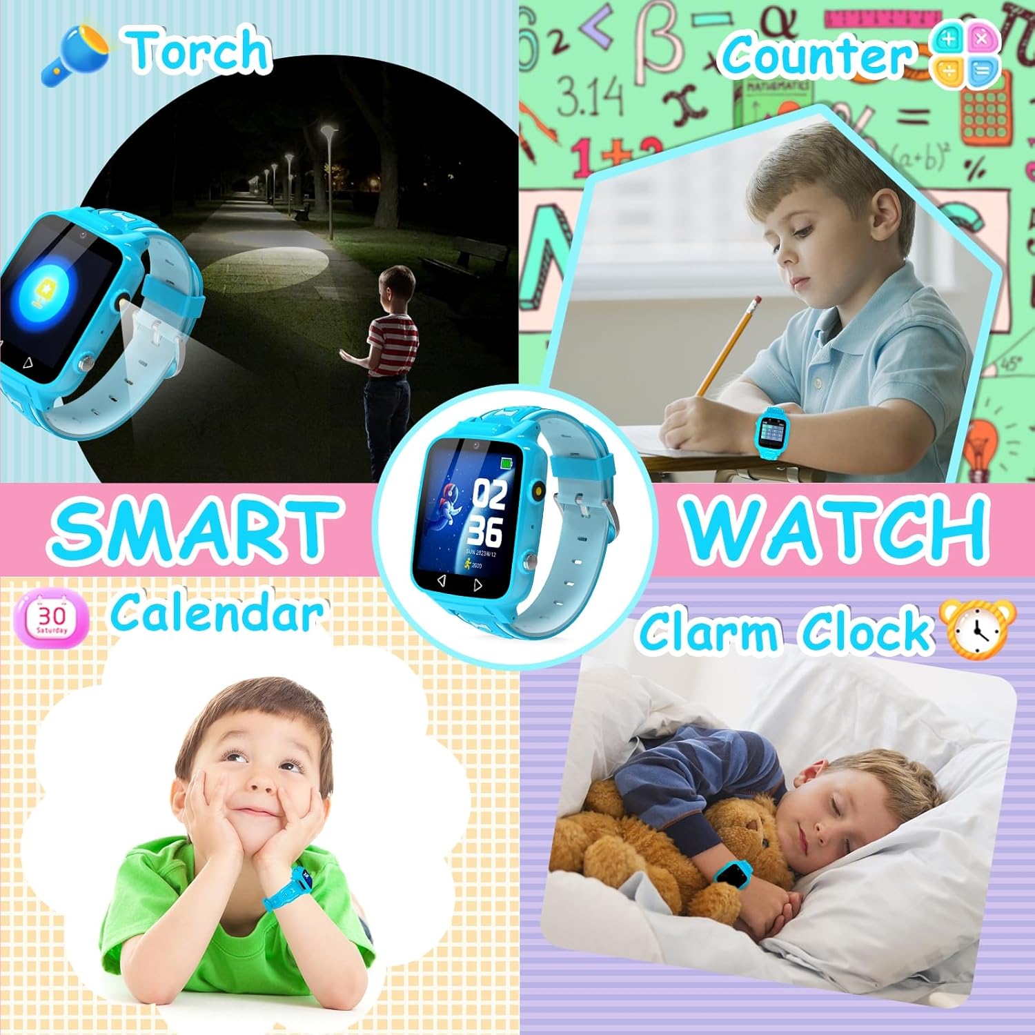 iGeeKid Reloj inteligente para niños con 25 juegos de rompecabezas, calculadora de video, pantalla táctil HD, reloj despertador, podómetro, relojes