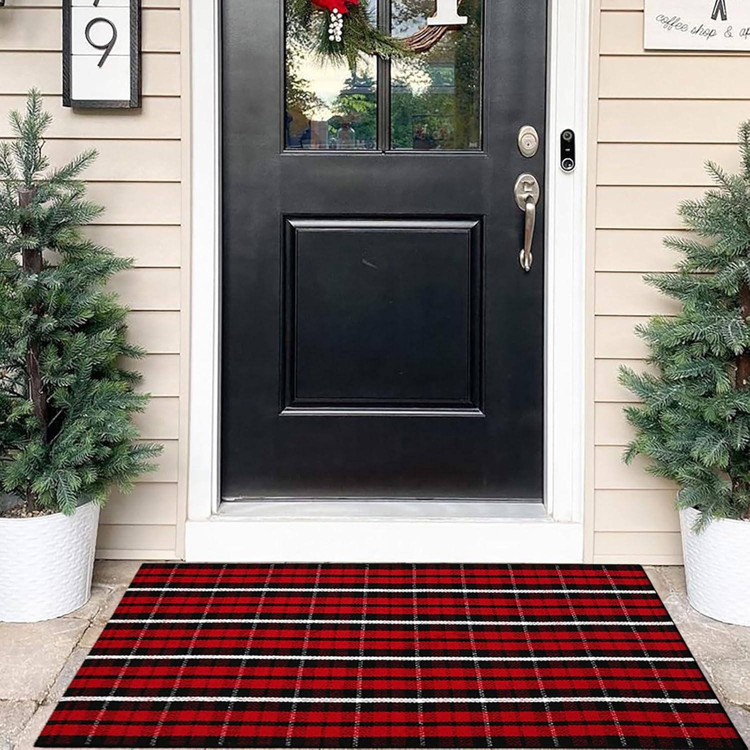 Alfombra de Navidad a cuadros para exteriores, 27.5 x 43 pulgadas, rojo y negro, alfombra de área para interiores y exteriores, alfombra de capas