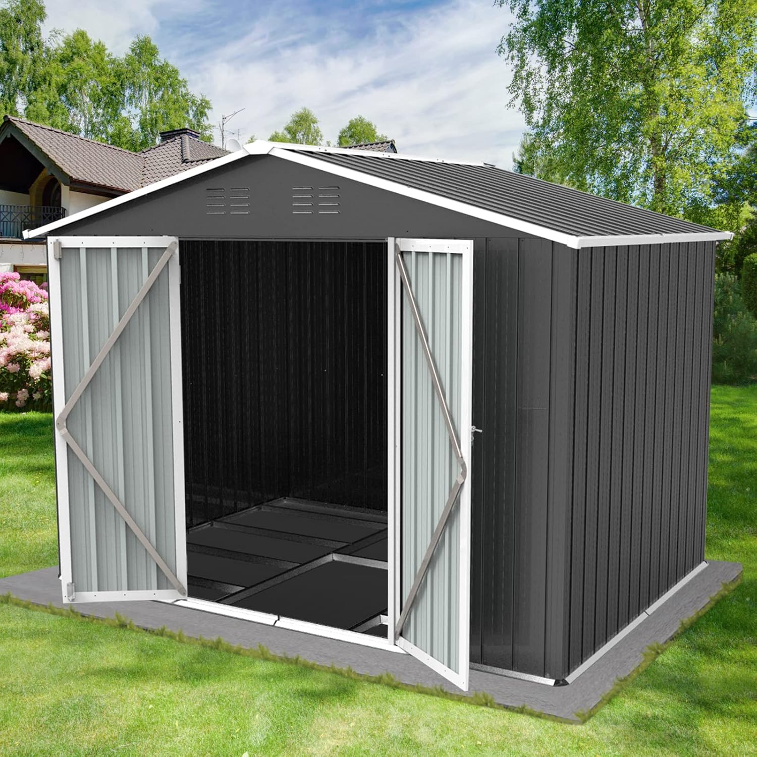 Cobertizo de almacenamiento para exteriores de 8 x 6 pies, cobertizo de metal para exteriores con puertas y rejillas de ventilación, cobertizo de