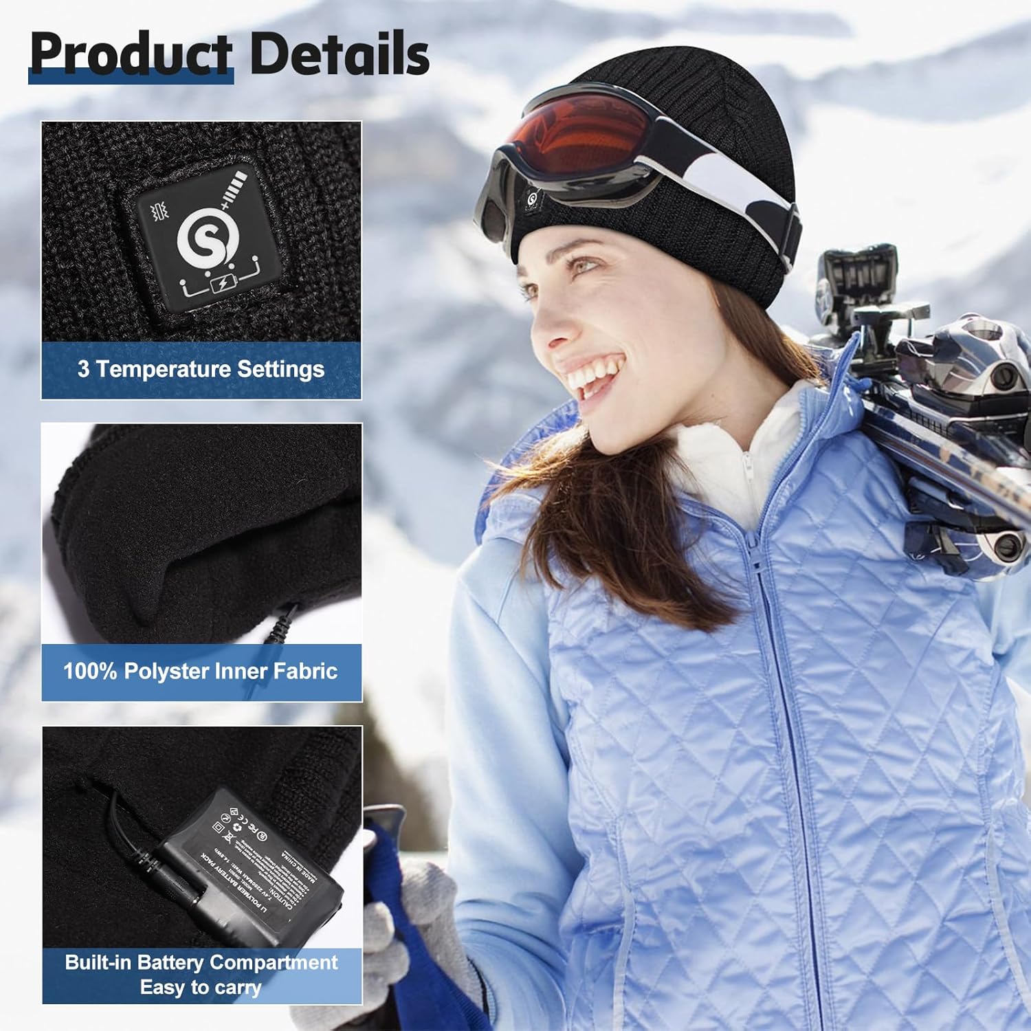 WERMSOCK Gorro calentado a batería, gorro eléctrico recargable con calavera, gorro térmico para hombres y mujeres, para senderismo, pesca, esquí,