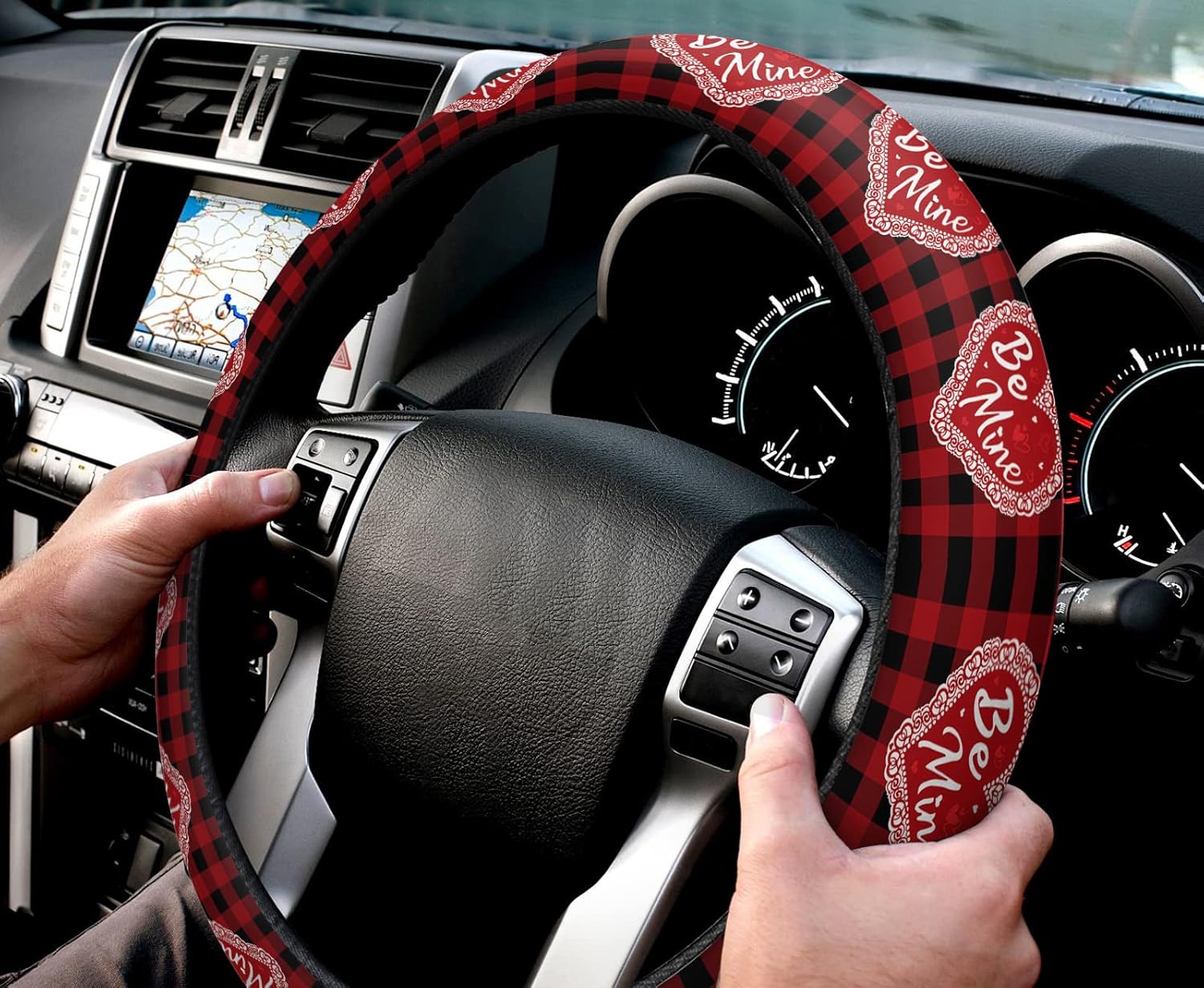 Car Steering Wheel Cover, Heart Shape Black Red Buffalo Plaid Love Elastic Stretch Sponge Steering Wheels Protective Cover for Vehicles Trucks SUVs