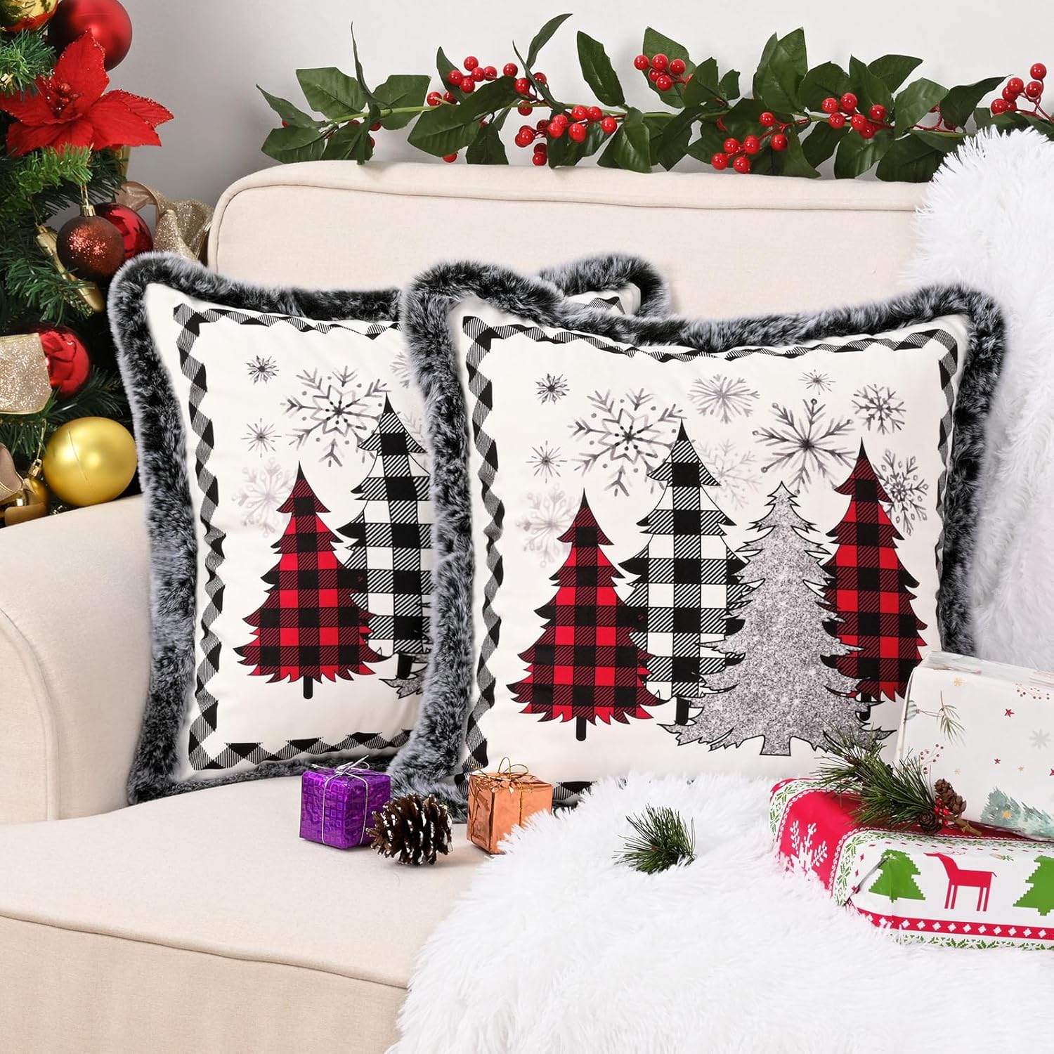 Juego de 2 fundas de almohada de Navidad, con copos de nieve, árbol de Navidad con felpa suave, fundas de cojín decorativas de invierno para sofá y