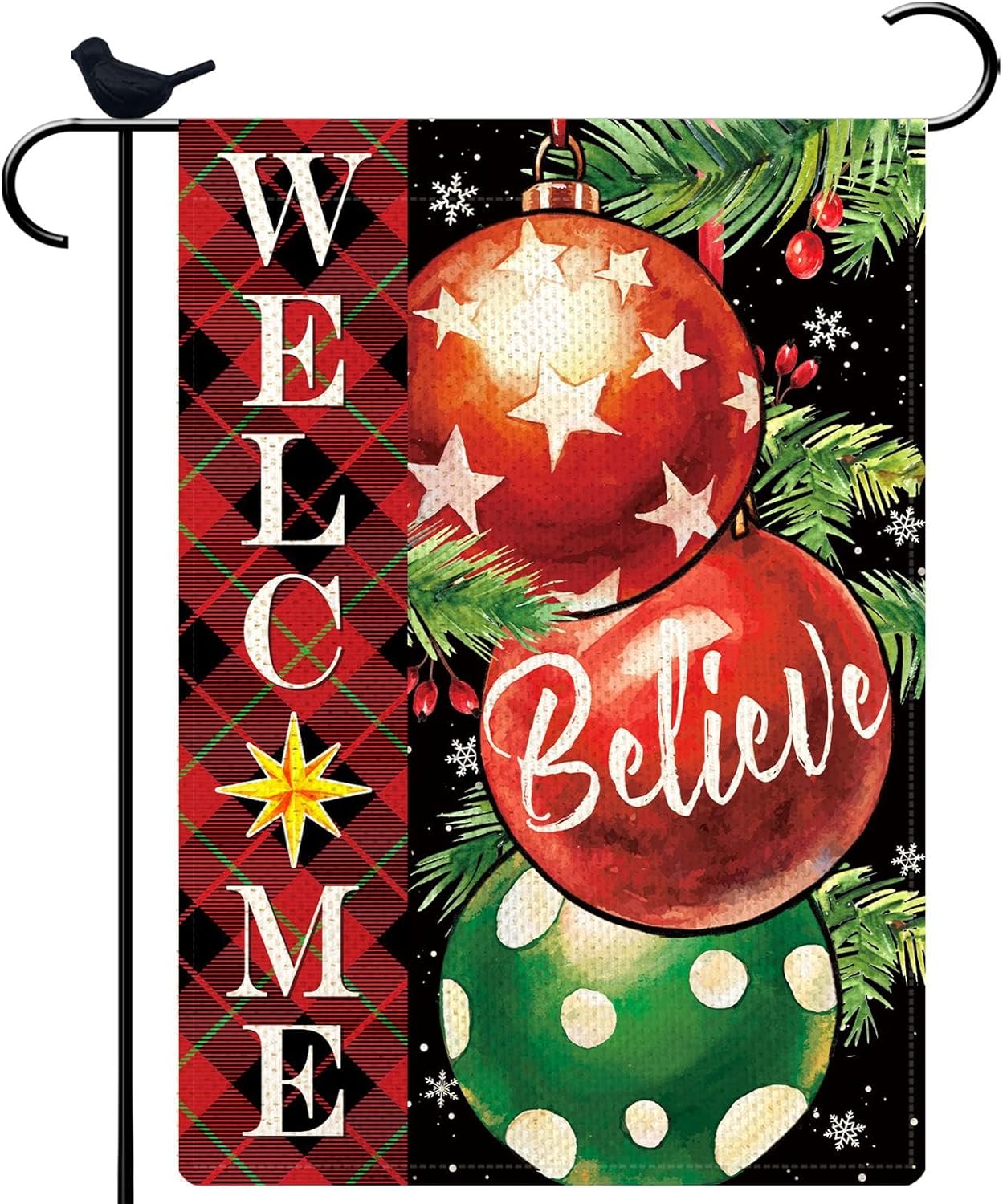 Bandera de jardín de Navidad con tres campanas rojas de arpillera pequeña vertical de 12 x 18 pulgadas, bandera para el árbol de Navidad para