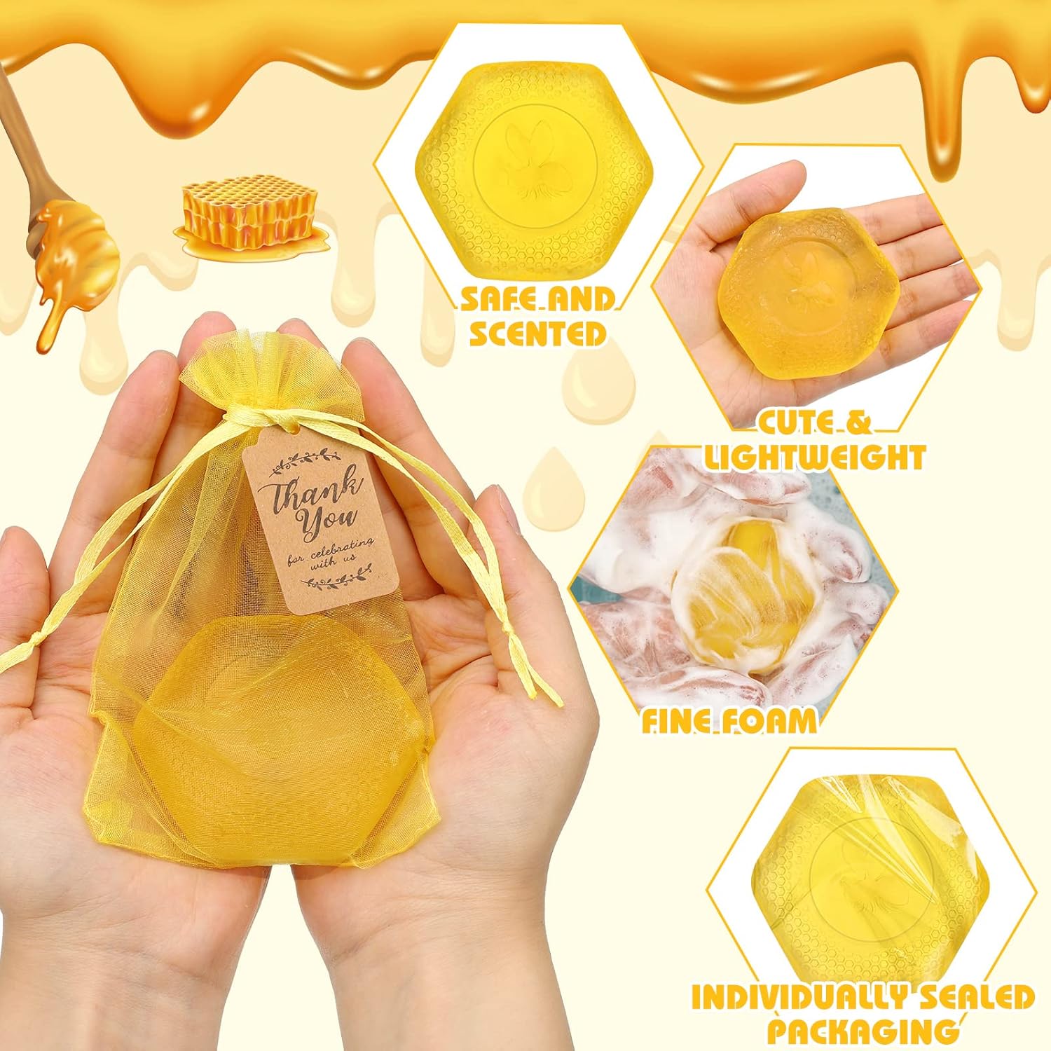 Loopeer 50 juegos de panales para baby shower con 50 bolsas de organza y 50 etiquetas de regalo de agradecimiento, mini jabones hechos a mano,