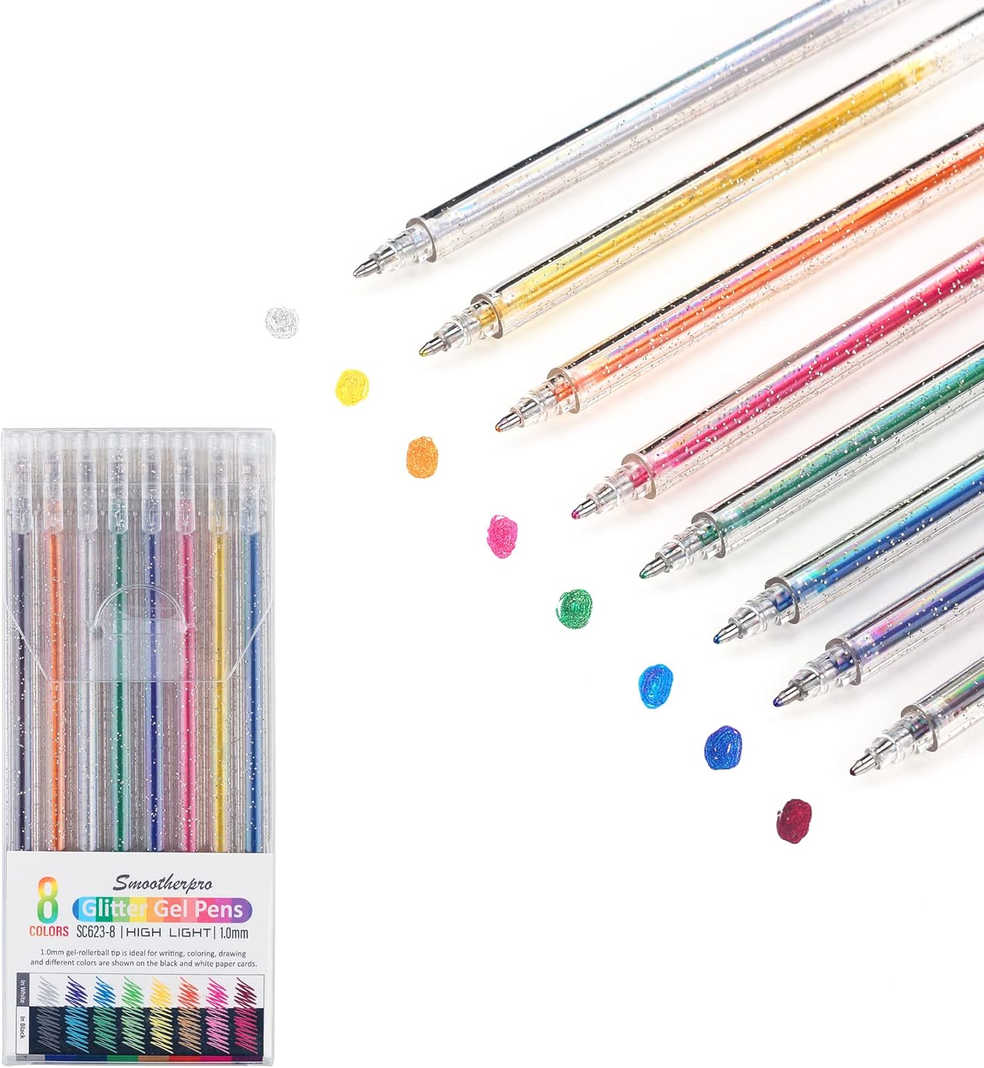 SMOOTHERPRO Bolígrafos de gel con purpurina de 0.039 pulgadas (0.039 pulgadas) con brillo metálico vibrante y colorido, 8 colores para colorear