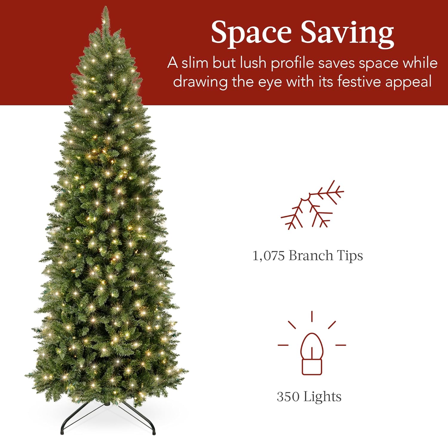 Best Choice Products Árbol de Navidad preiluminado de 7.5 pies, decoración navideña delgada de abeto delgado con 1,075 puntas, 350 luces, bisagras