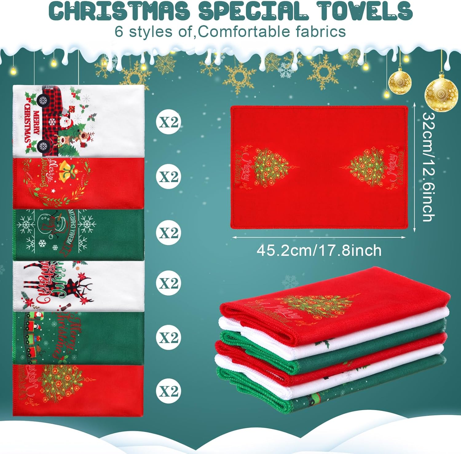 Macarrie 12 toallas de mano navideñas de Navidad, Papá Noel, reno, muñeco de nieve, árbol, a cuadros, bordadas, toallas de algodón absorbentes, 13 x