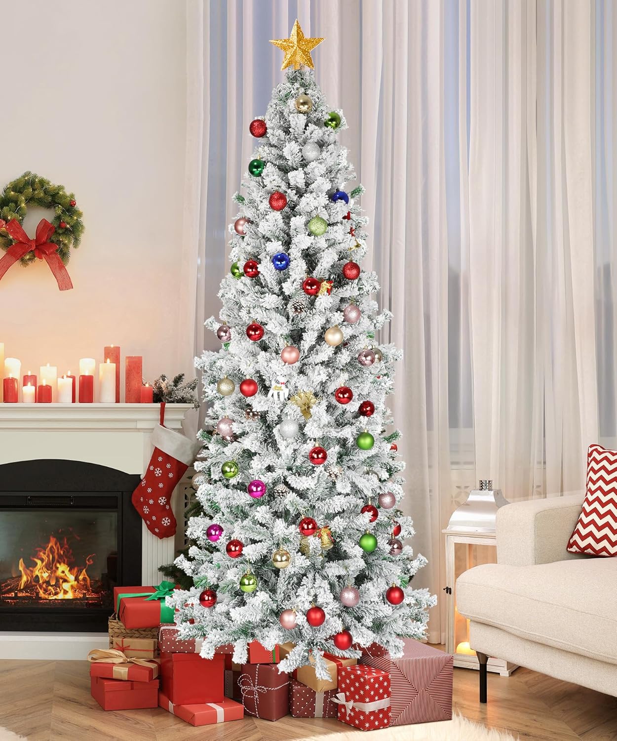 Árbol de Navidad con forma de lápiz de nieve de 7.5 pies, árbol de Navidad artificial de esquina delgada sin iluminación con 641 puntas de rama,