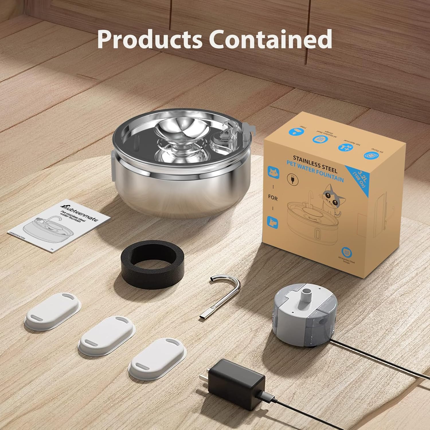 subteenmate Fuente de agua para gatos de acero inoxidable, fuente para mascotas de 3.2L108 onzas y cuenco de agua, fuente automática para gatos con