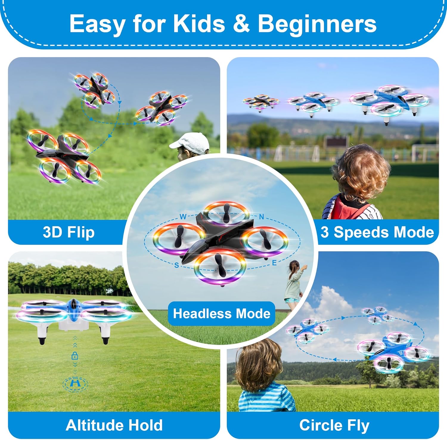 Drones para niños, paquete de 2 con luces LED coloridas deslumbrantes, mini dron para niños, 2 baterías, control remoto, modo sin cabeza, giro 3D,