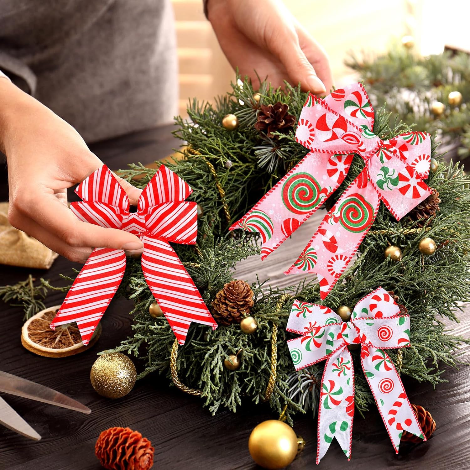 Yingzhao 6 rollos de 30 yardas de caramelo de Navidad de menta con borde con alambre, cinta de arpillera de caramelo de Navidad, cinta de arpillera