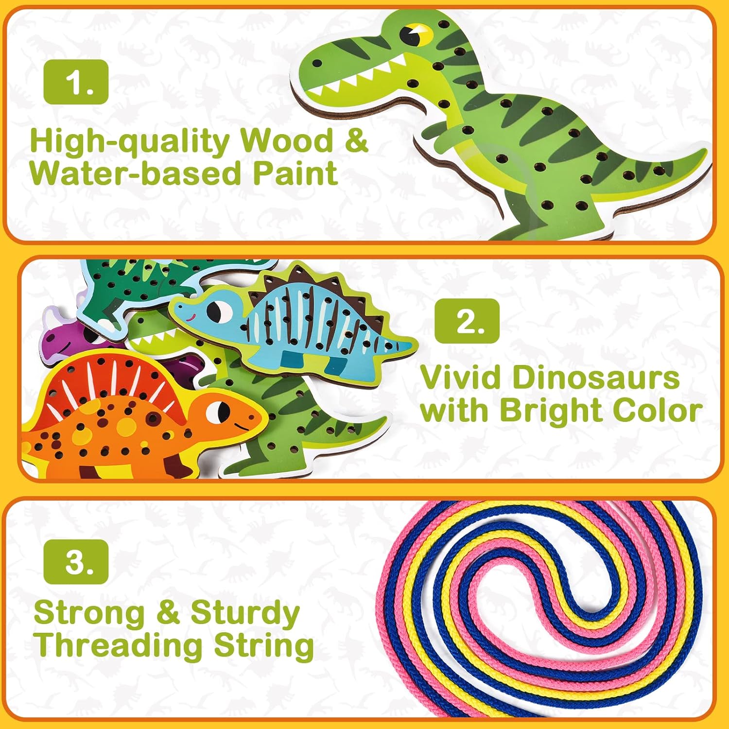 Atoylink Paquete de 5 tarjetas de cordón de dinosaurio de madera para niños pequeños, juguetes de viaje, juegos preescolares, habilidades motoras