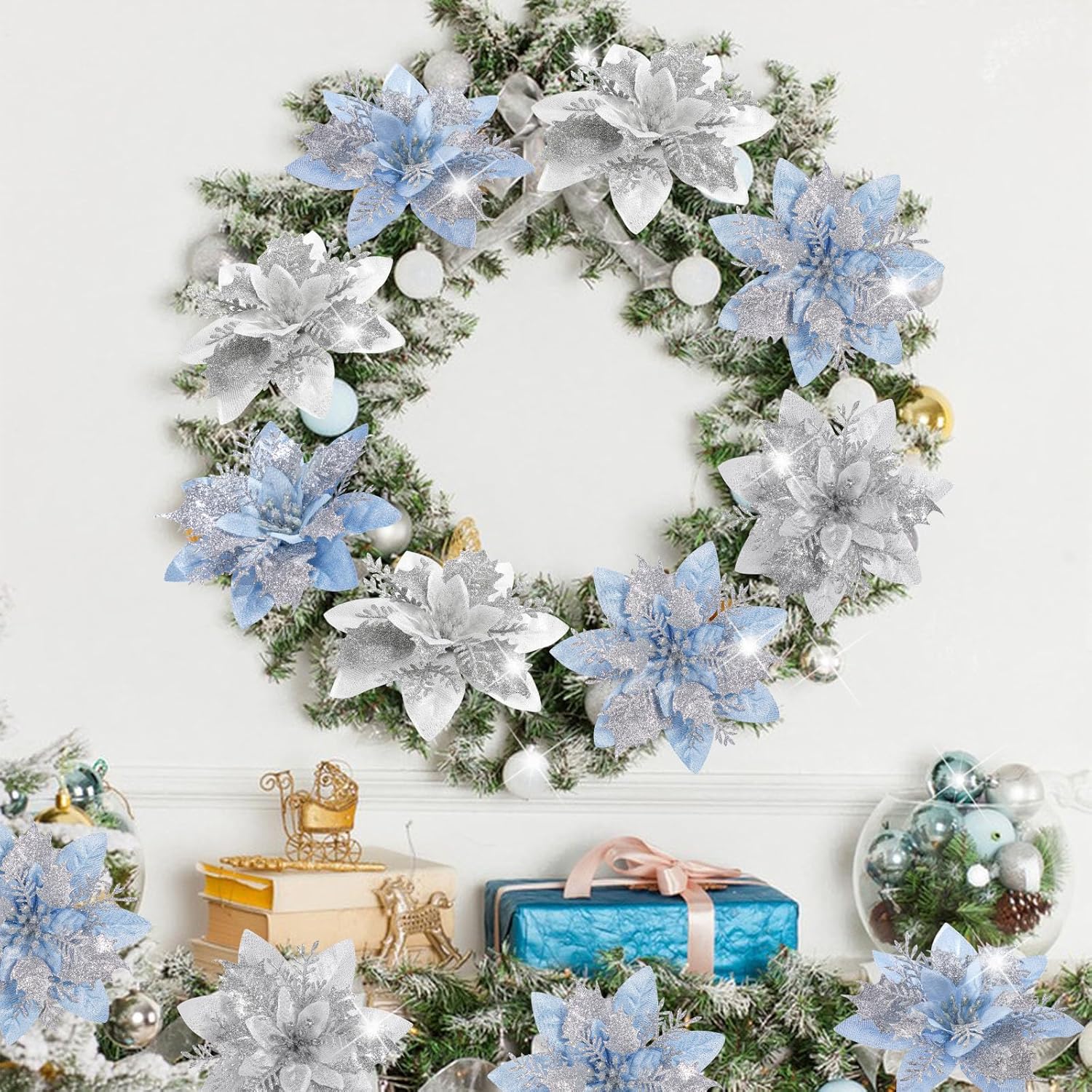 Serwalin 20 flores de Navidad artificiales de 5.5 pulgadas (5.5 in), color azul plateado, flores de pascua con clips, tallos con purpurina, adornos