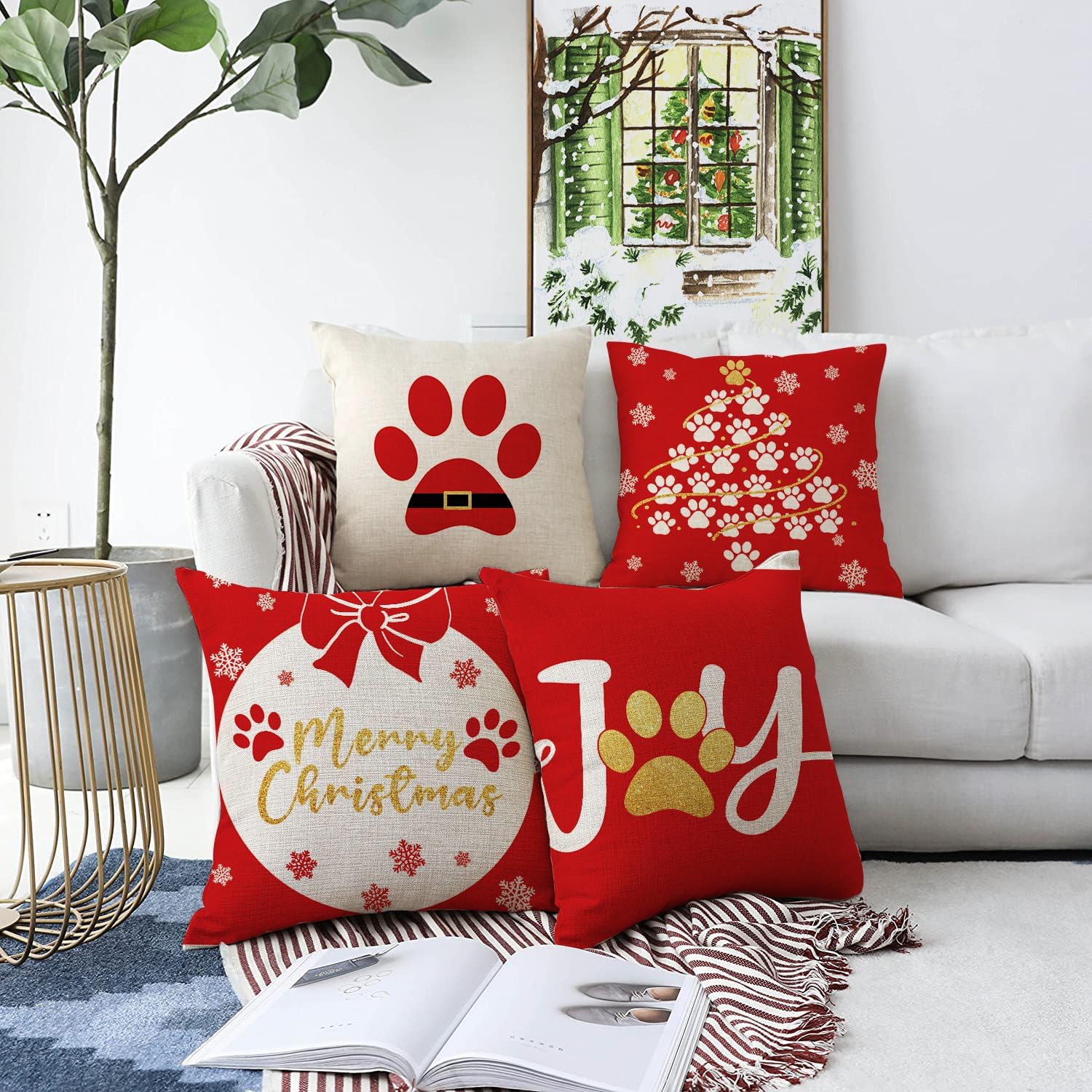 GAGEC Fundas de almohada navideñas de 18 x 18 pulgadas, color rojo, con patas de perro, fundas de almohada de invierno para decoración del hogar,