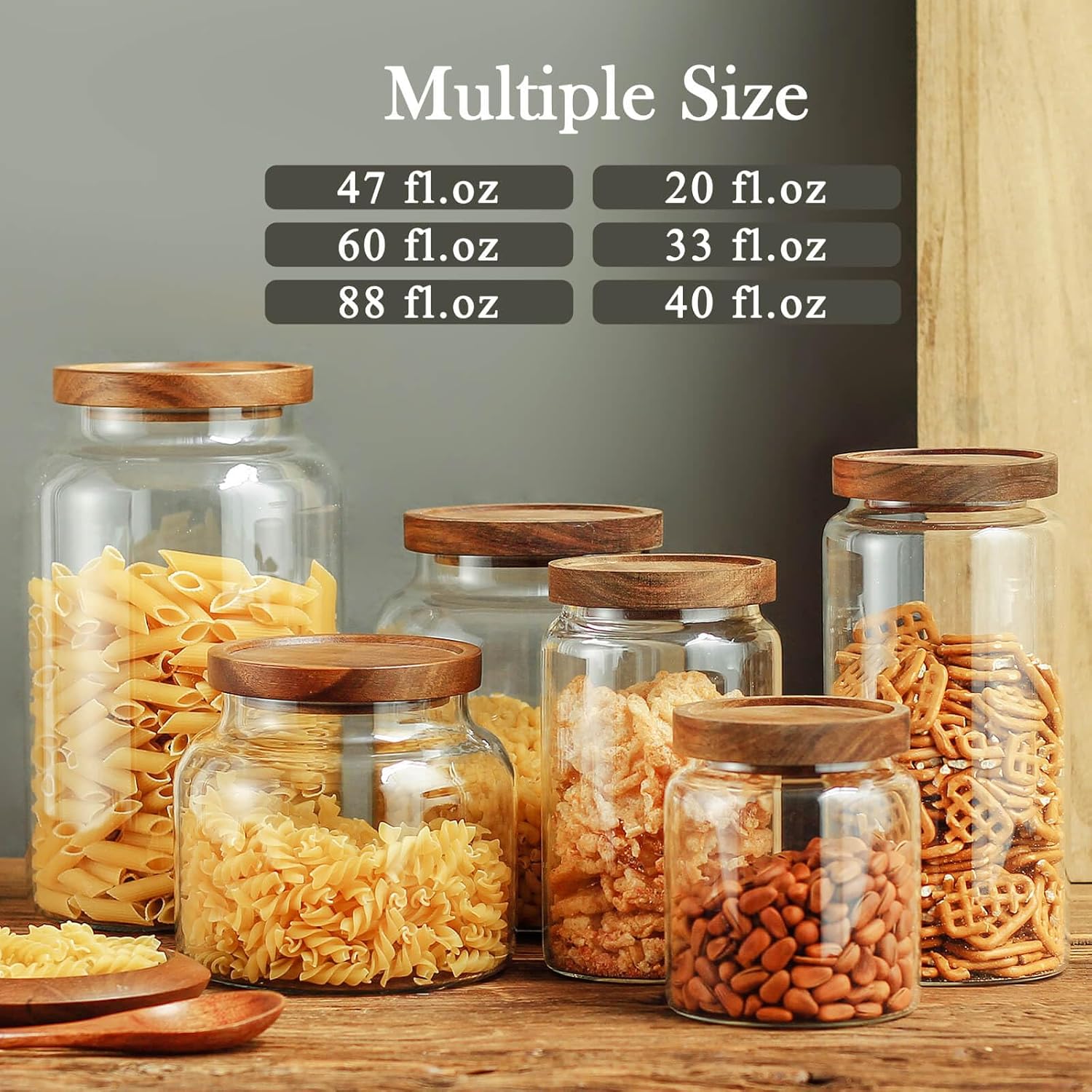 Labina Recipiente de almacenamiento de vidrio hermético para alimentos, recipiente de cocina con tapas de madera, 40 onzas de boca ancha,
