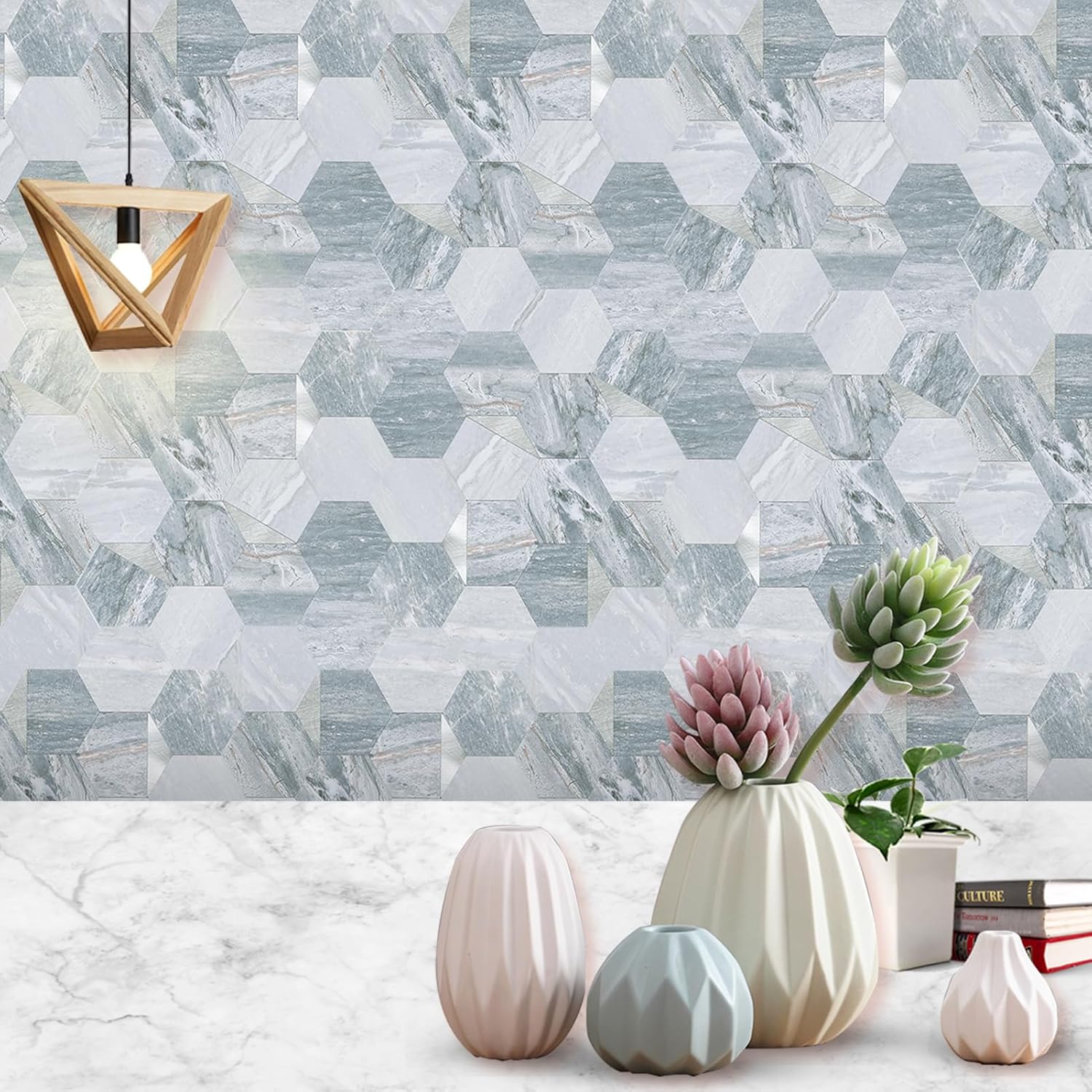 10 piezas hexagonales de PVC para despegar y pegar, mosaicos autoadhesivos de metal con borde biselado sin costuras para salpicaduras de cocina,