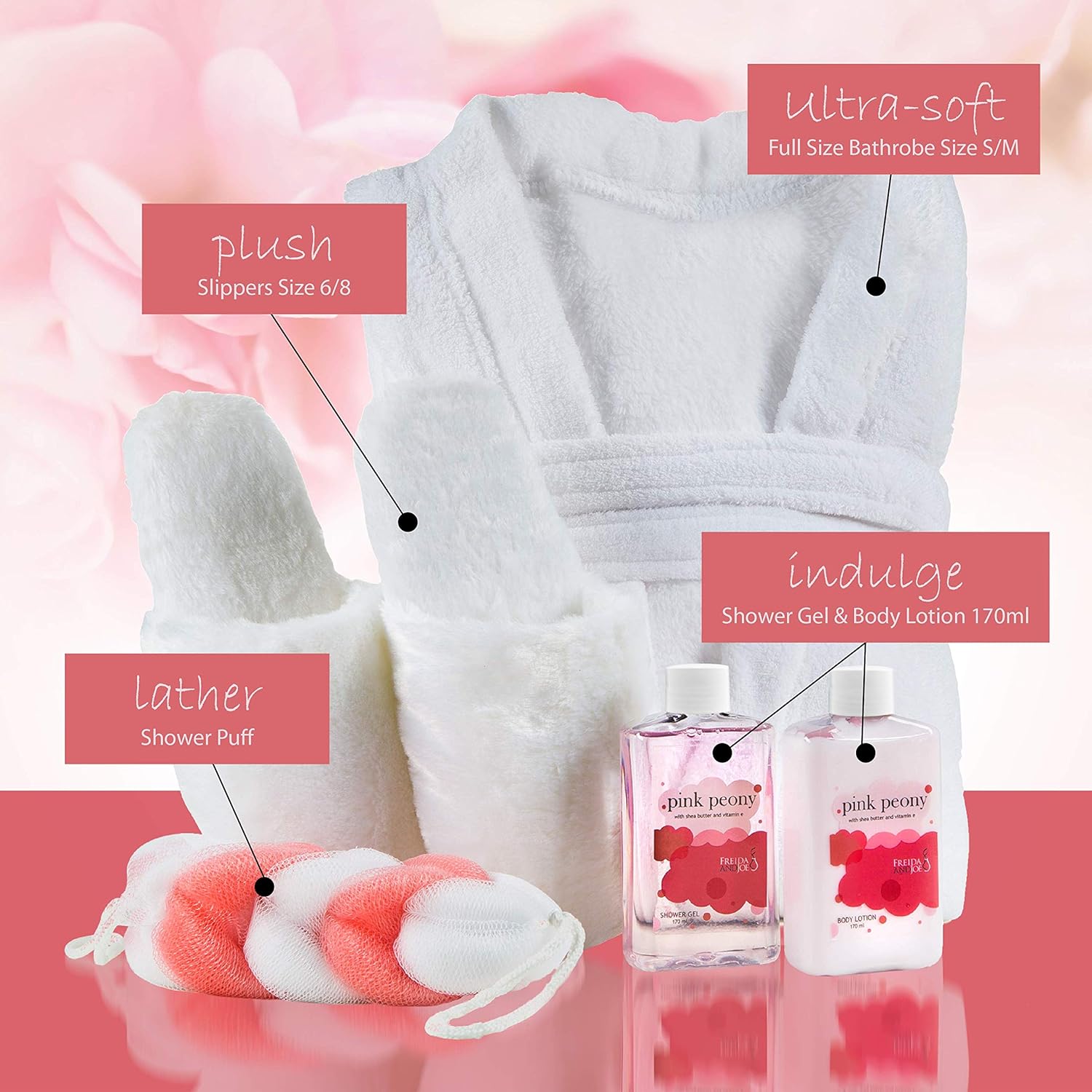 Cesta de regalo de spa en casa de lujo con aroma a peonía rosa, bata de baño ultrasuave y zapatilla de felpa para mujer, juego completo de baño y
