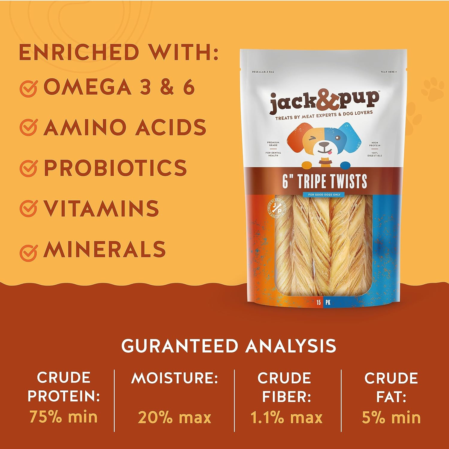 Jack&Pup – Tripe Twist de 6 pulgadas para perros, masticables sin cuero crudo  Golosinas para perros bajas en calorías de un solo ingrediente