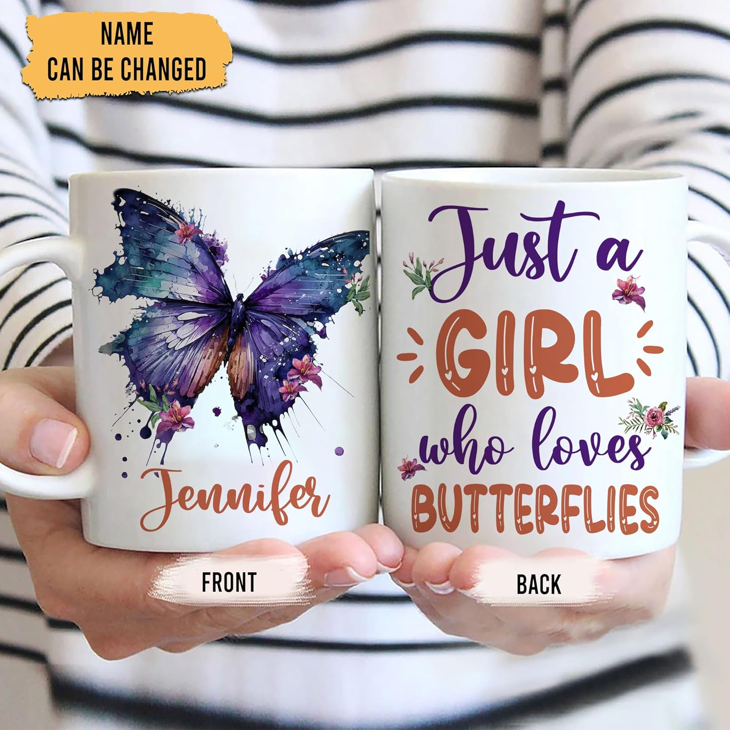 Hyturtle Regalos personalizados para amantes de las mariposas, taza de café de cerámica con nombre personalizado de 11 onzas, idea de regalos lindos