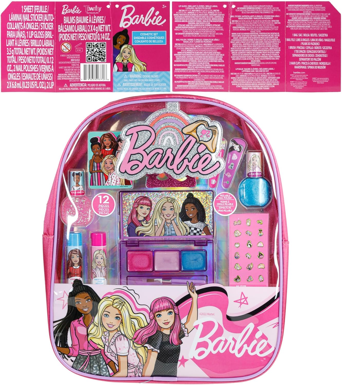 Barbie – Juego de mochila rellena de maquillaje Townley Girl con 12 piezas, incluye bálsamo labial, esmalte de uñas, lima de uñas, lazos para el