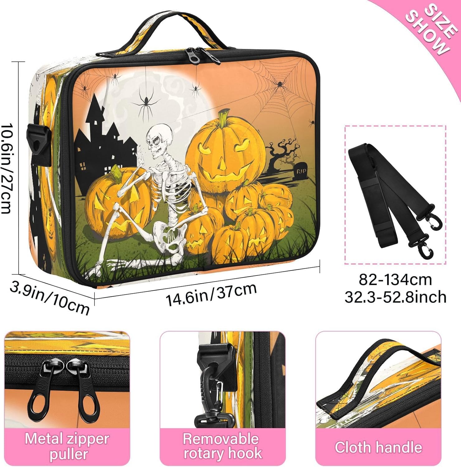 Skeleton Pumpkins Spiders Happy Halloween cosmetic bag makeup case travel size toiletries bag with compartments cute makeup bag cosmetiquera de