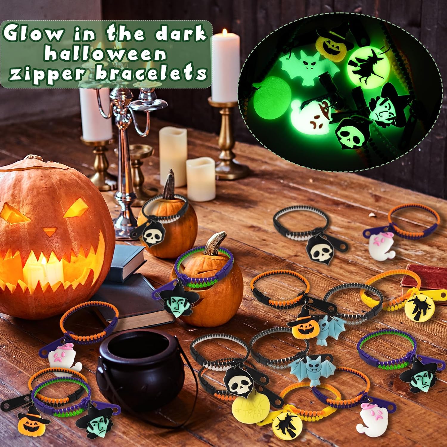 kockuu 28 pulseras de Halloween con cremallera para niños pequeños, pulseras de golosinas de Halloween que brillan en la oscuridad, recuerdos de