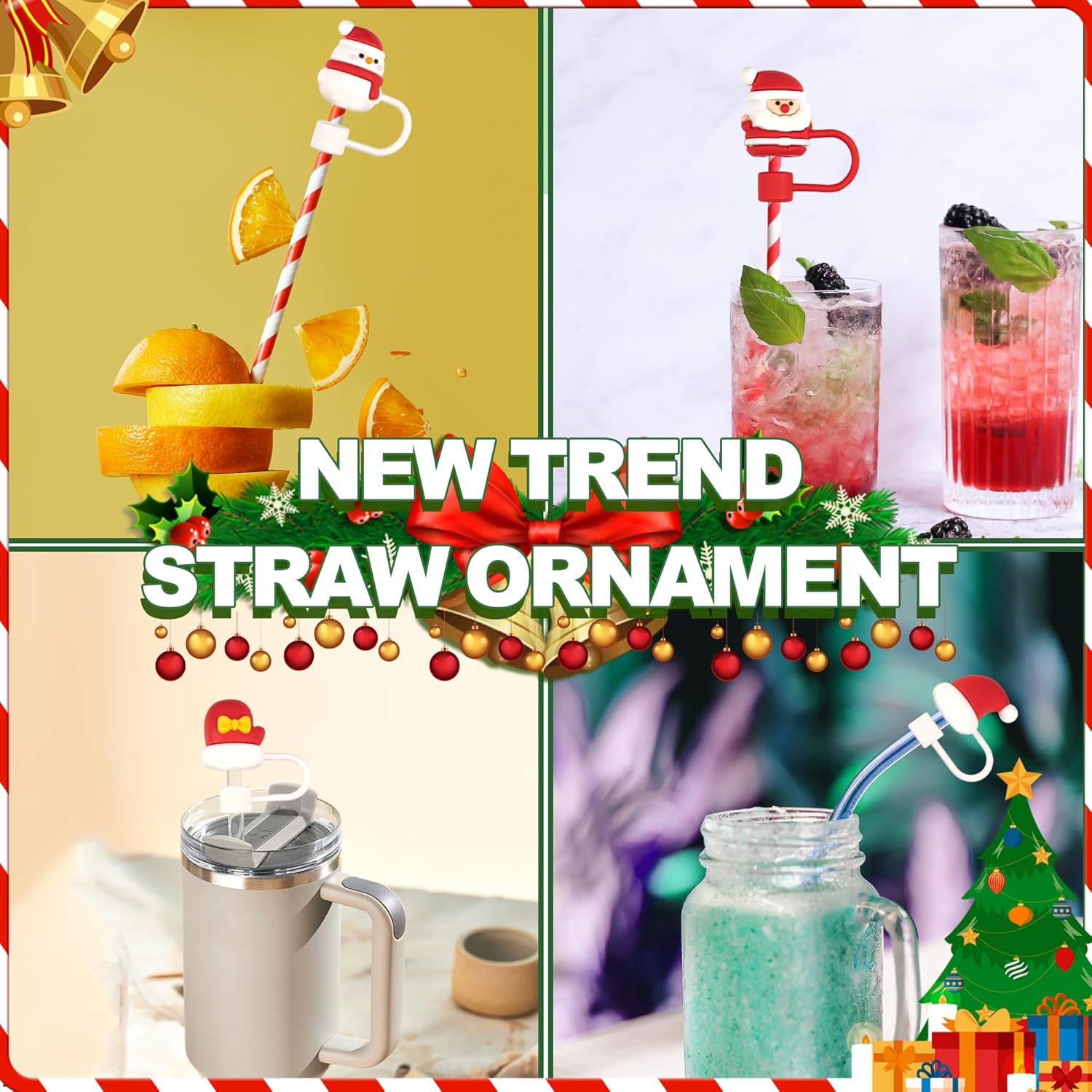 YUNAI 4 fundas de popote Stanley de Navidad, 0.39 pulgadas de silicona, bonitas tapas compatibles con vaso Stanley de 40 onzas, adornos de paja para