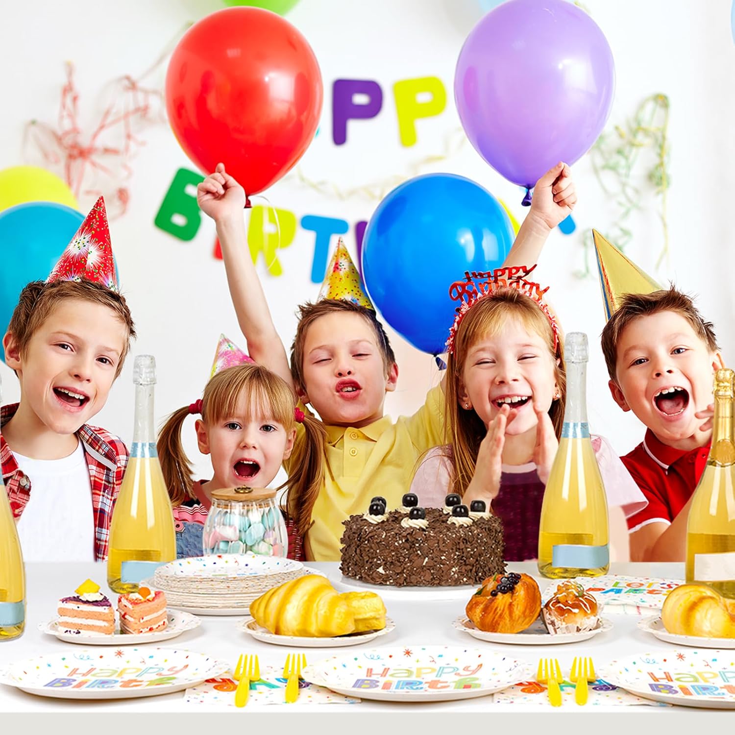 DECORLIFE Platos y servilletas de feliz cumpleaños, suministros para fiesta de 24, suministros de fiesta de cumpleaños incluyen tenedores para