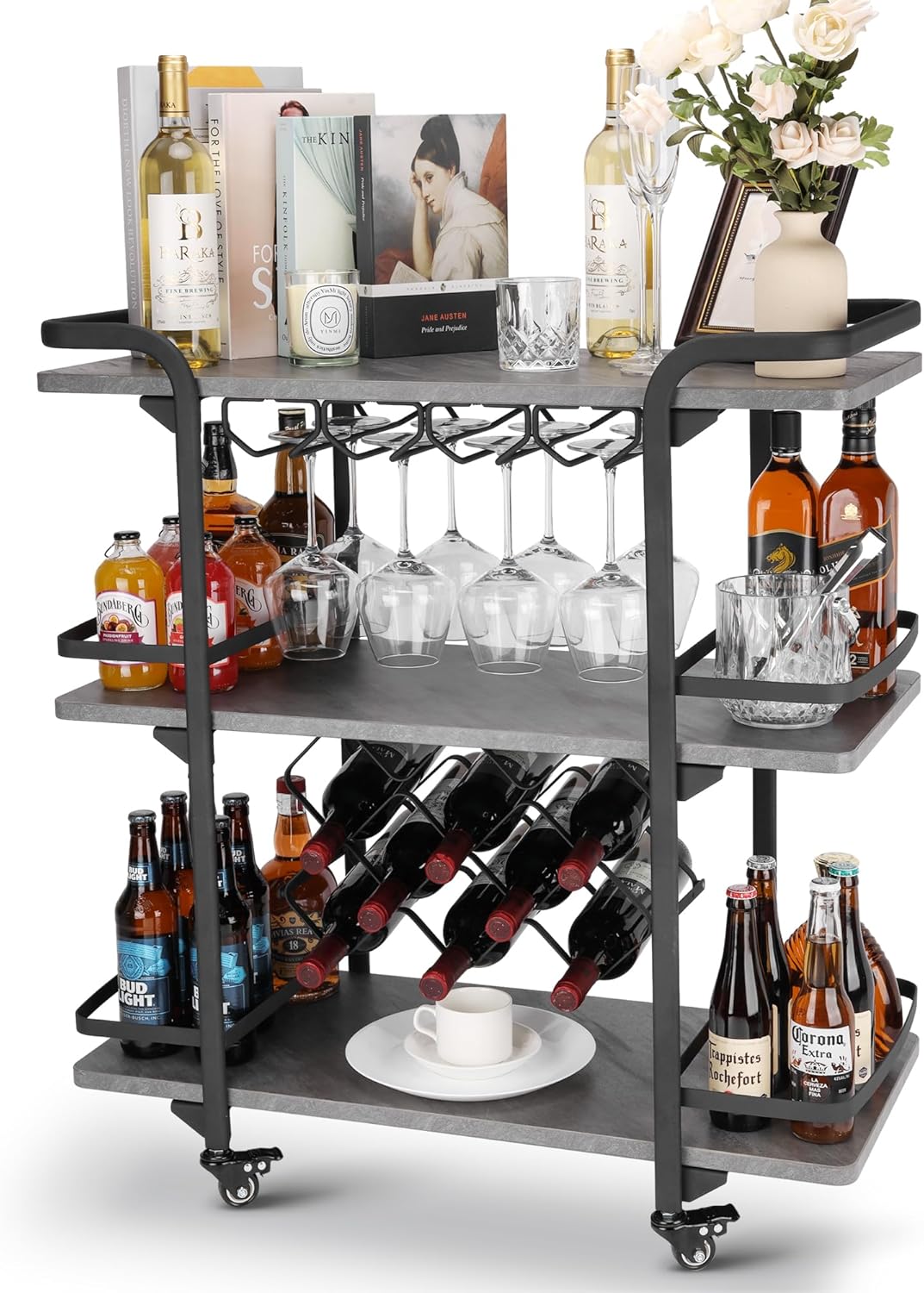 Jubao Carrito de barra de 3 niveles para el hogar, móvil con soportes para vidrio y 8 estantes de almacenamiento de vino, carrito de cocina para