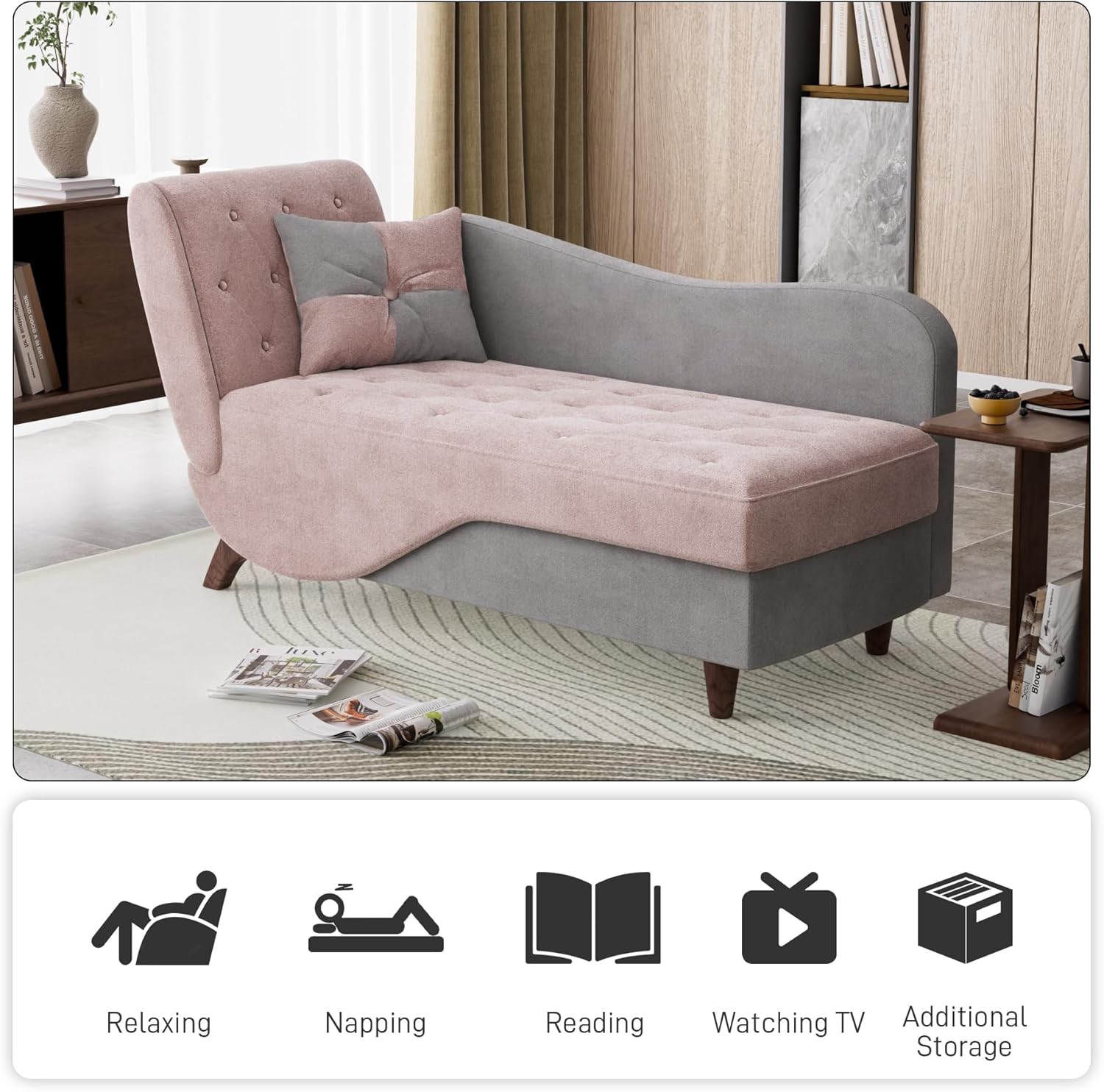 OUYESSIR Tumbona tapizada para interiores, sofá reclinable ajustable con almacenamiento y 1 almohada, sillón de terciopelo para sala de estar,