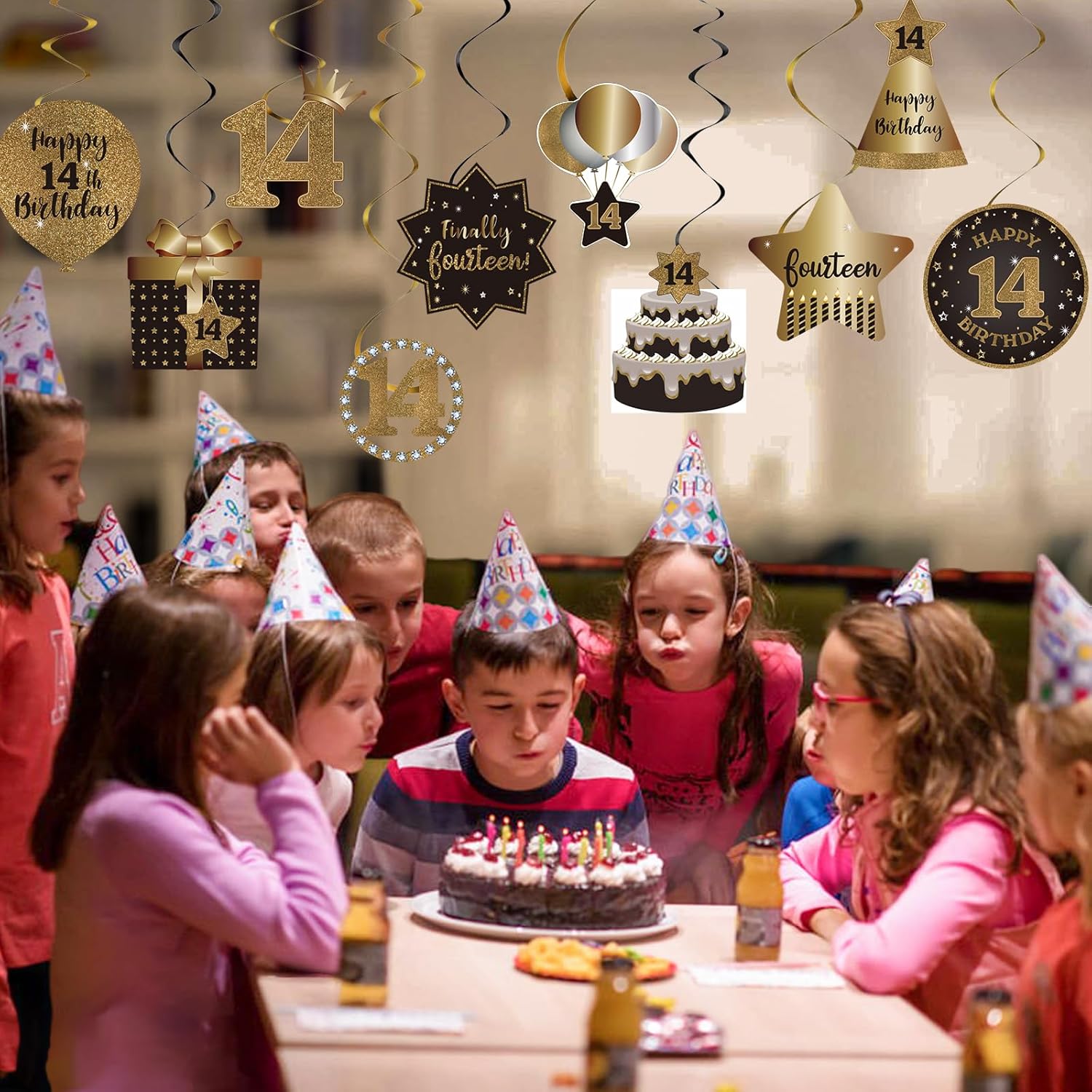 Decoración de techo de remolinos colgantes para fiesta de cumpleaños número 14, celebración, 14 espirales colgantes de papel de aluminio con