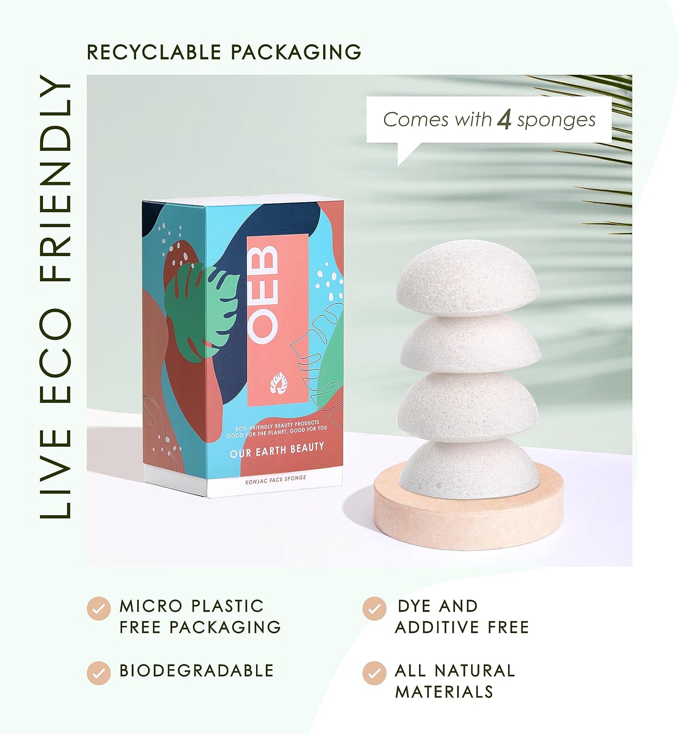 Konjac – Esponja facial (paquete de 4)  100% natural y libre de tintes  No tóxica  Biodegradable  Ecológica  Embalaje sin plástico