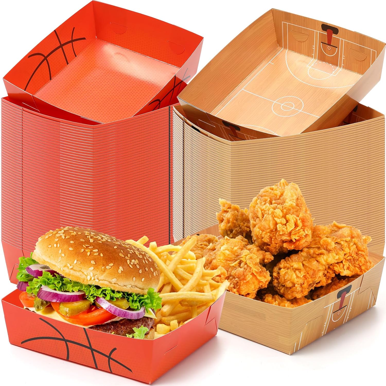 Paquete de 100 bandejas de papel de baloncesto de 5 libras, platos de baloncesto grandes, botes de comida, cuencos de baloncesto desechables,