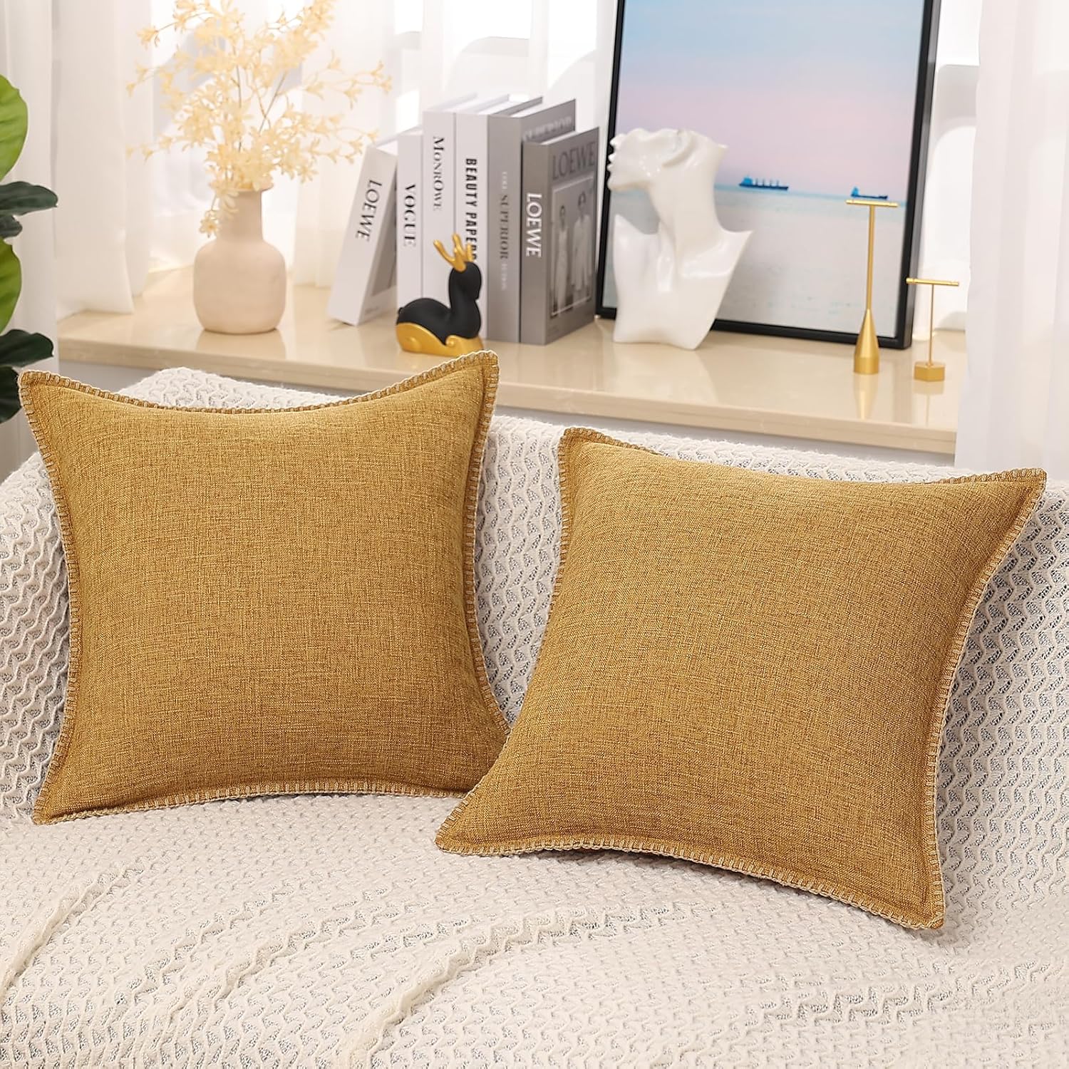 decorUhome Juego de 2 fundas de almohada decorativas de otoño para exteriores de 26 x 26 pulgadas, fundas cuadradas de lino con borde cosido, fundas