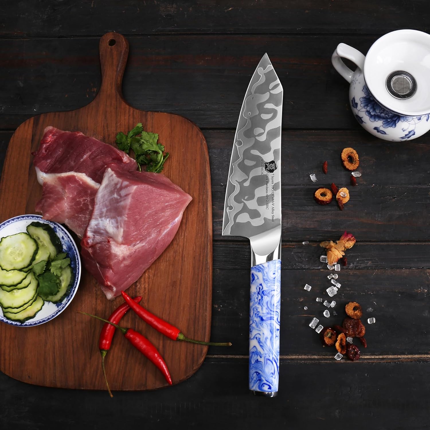 WILDMOK Santoku – Cuchillo de cocina japonés de acero aleado de 7 pulgadas, 7 capas, cuchillo de cocina ultra afilado con mango de resina