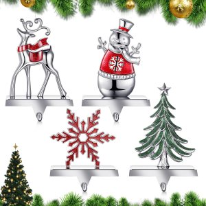 Juego de 4 soportes de calcetines de Navidad para manto, reno, copo de nieve, muñeco de nieve, pino, gancho de metal decorativo, soporte decorativo, Juego de 4 soportes de calcetines de Navidad para manto, reno, copo de nieve, muñeco de nieve, pino, gancho de metal decorativo, soporte decorativo,