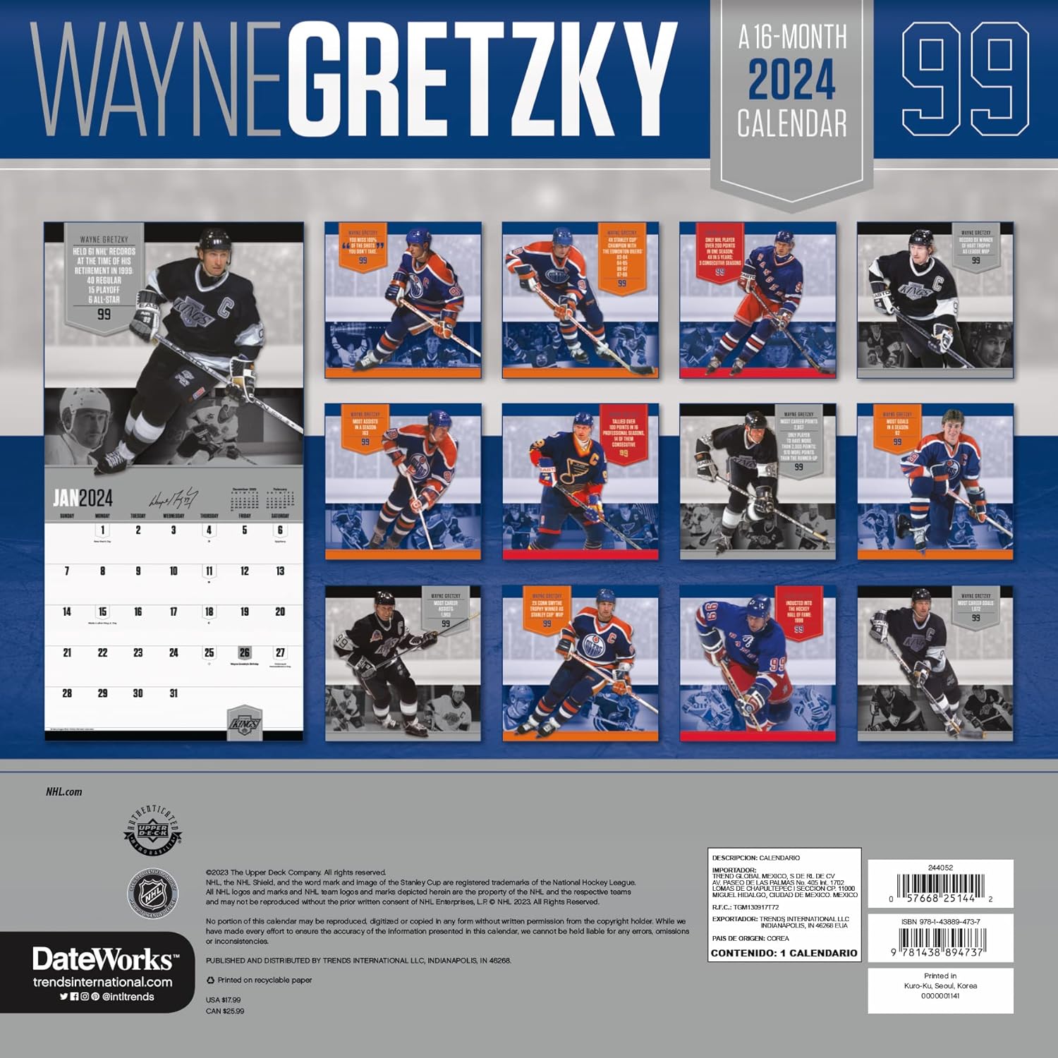 Wayne Gretzky Calendario 2024  Paquete de calendario de pared Wayne Gretzky de lujo 2024 con más de 100 calcomanías de calendario (regalos de hockey