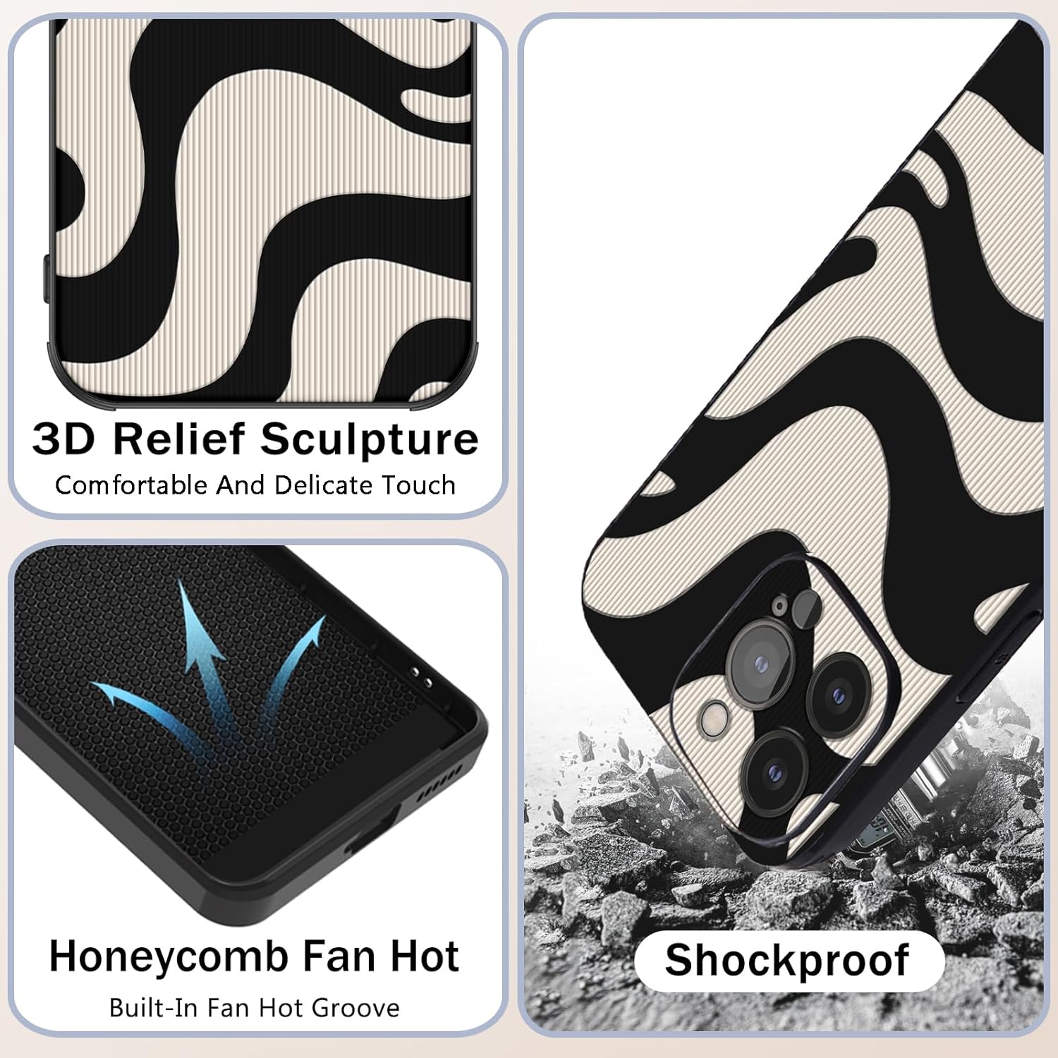 Funda para iPhone 8 Plus con diseño de rayas de cebra simple, diseño retro lindo negro beige ondulado, suave TPU parachoques diseño delgado y a