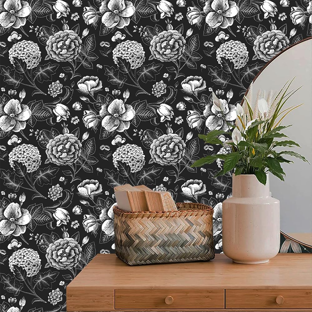 Papel tapiz vintage moderno en blanco y negro, papel tapiz floral, autoadhesivo, prepegado, papel tapiz removible (17.7 x 118.1 pulgadas,