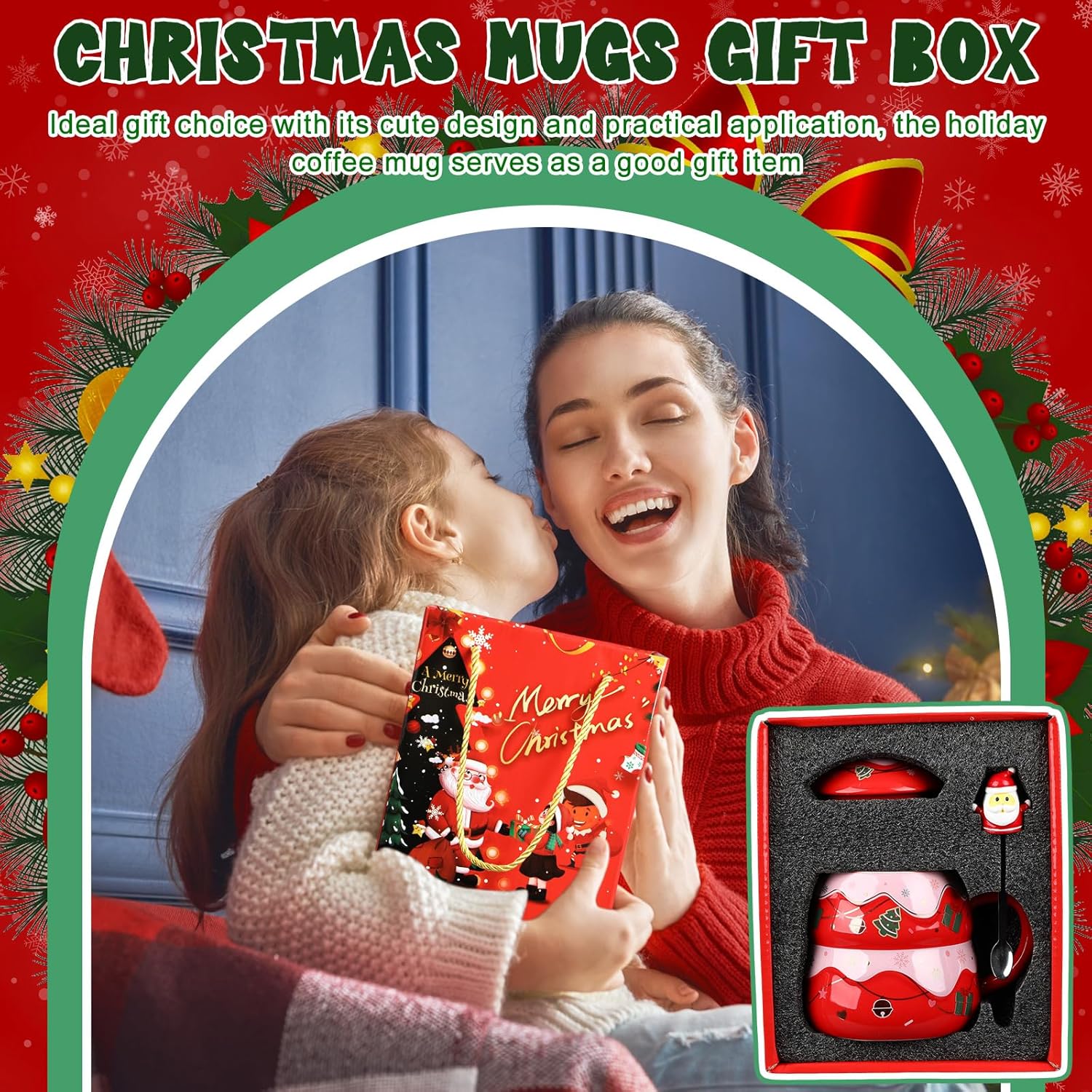 Tazas de Navidad con cuchara y tapa, tazas de cerámica festivas aptas para microondas y lavavajillas, taza de 15 onzas, taza de invierno novedosa