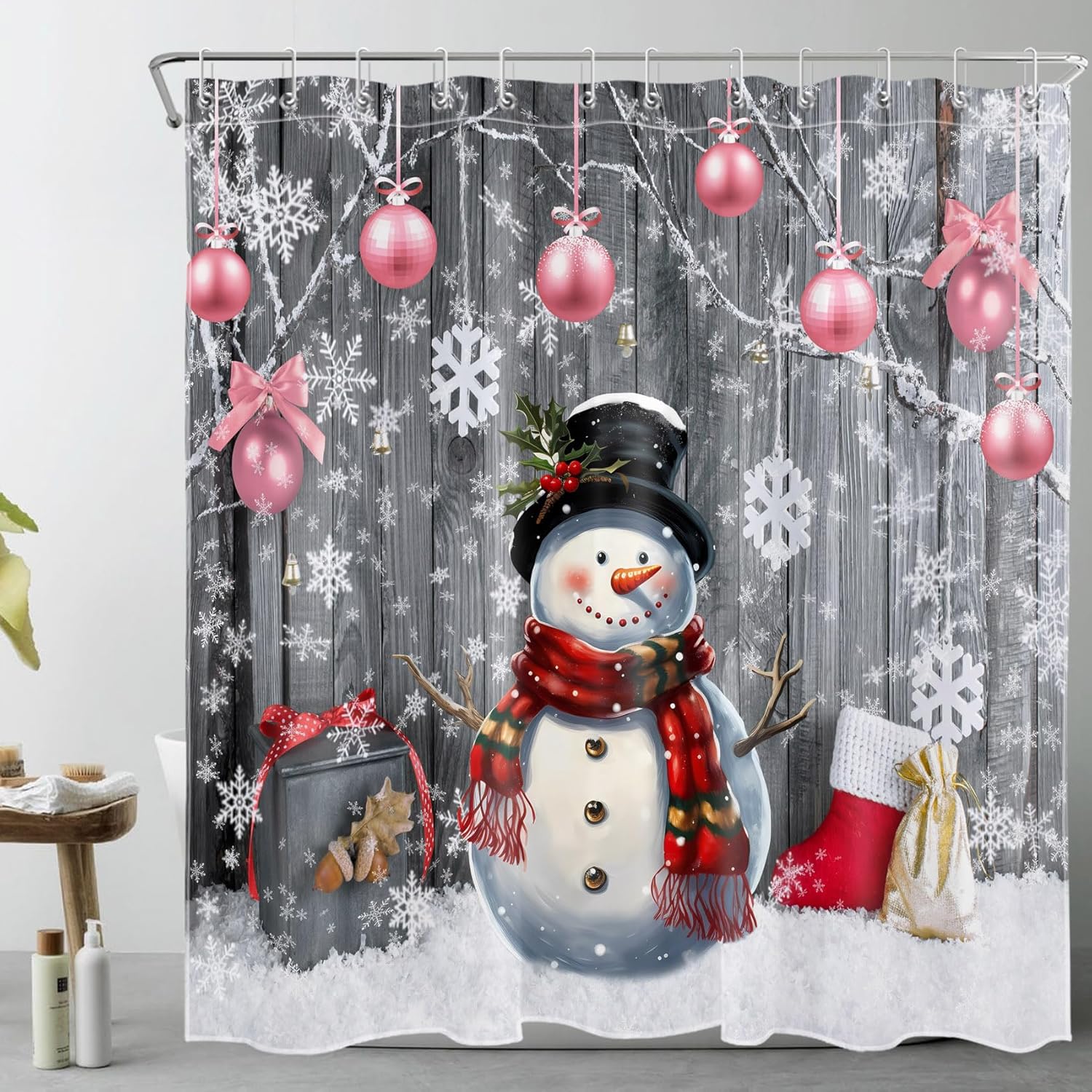 LB Farmhouse Christmas Shower Curtain for Bathroom,Pink Xmas Ball and Funny Snowman on Rustic Retro Grey Wood Fabric Shower Curtain with