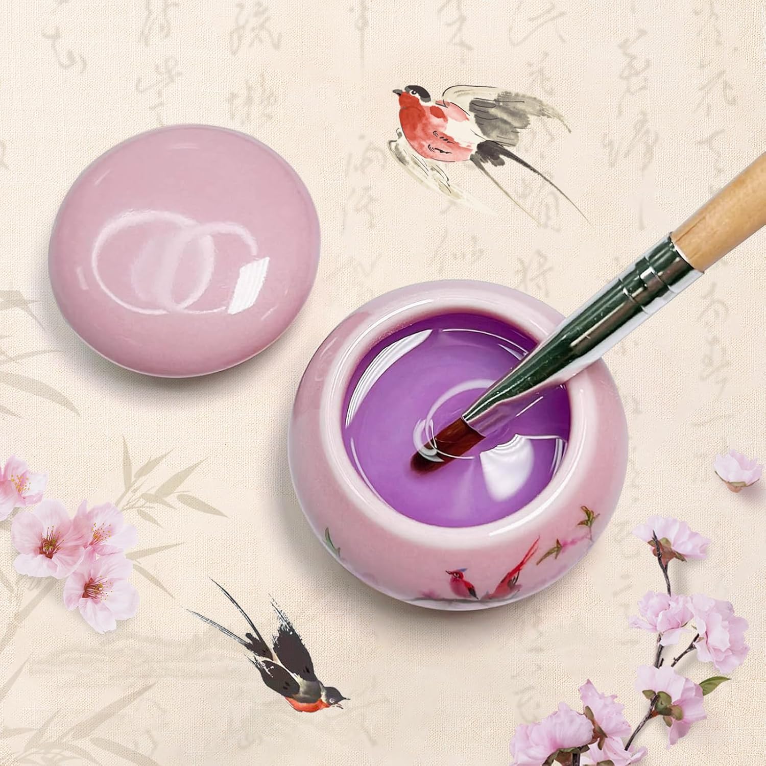 Plato de porcelana Dappen con tapa para polvo líquido acrílico, taza de cerámica, cuenco líquido de uñas (YSHJB008) (rosa)