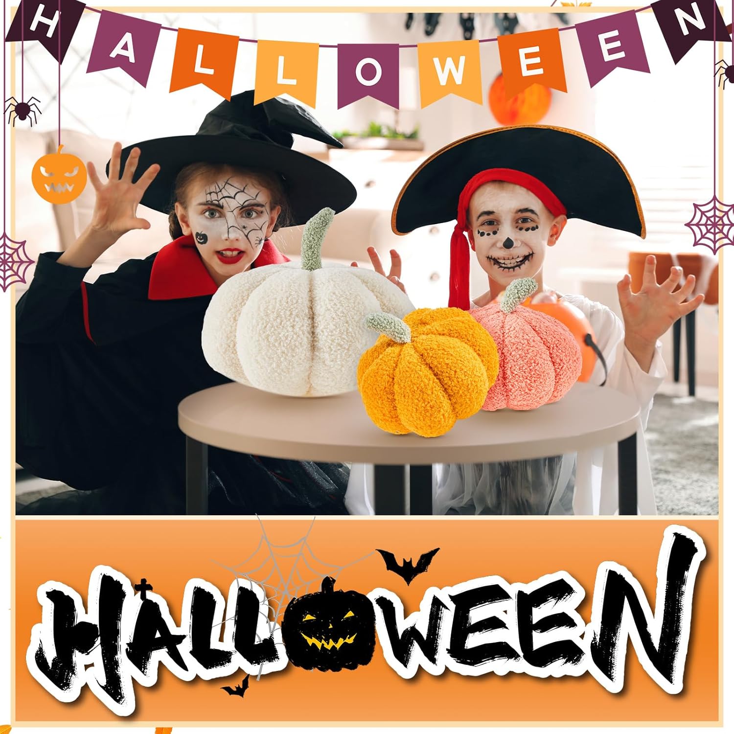 Calabaza de peluche de Halloween con forma 3D decorativa de Acción de Gracias, suave y linda, 11 pulgadas, 7 pulgadas (naranja clásico, blanco,