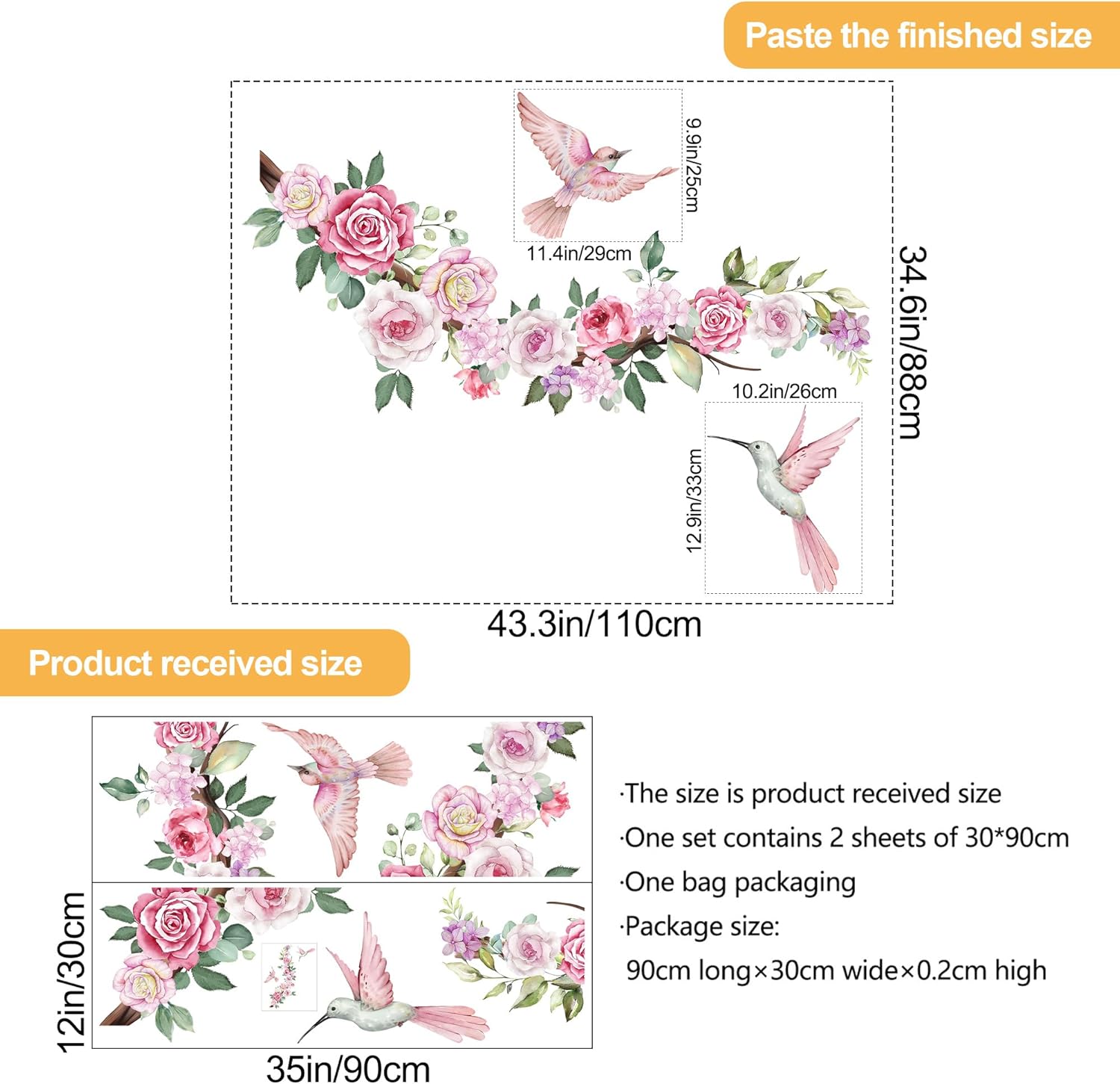 DRWSSR 2 hojas de calcomanías de pared de flores de peonía de acuarela, calcomanías de pared florales de colibríes rosados, calcomanías de pared de