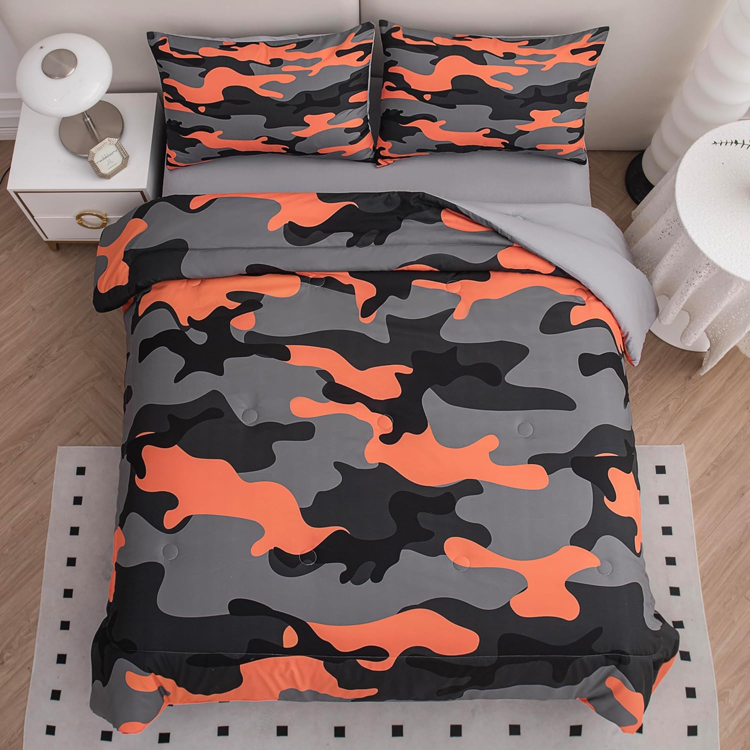 Juego de edredón para niños, tamaño Queen, juego de ropa de cama de camuflaje naranja y gris militar, juego de ropa de cama tamaño Queen, juego de