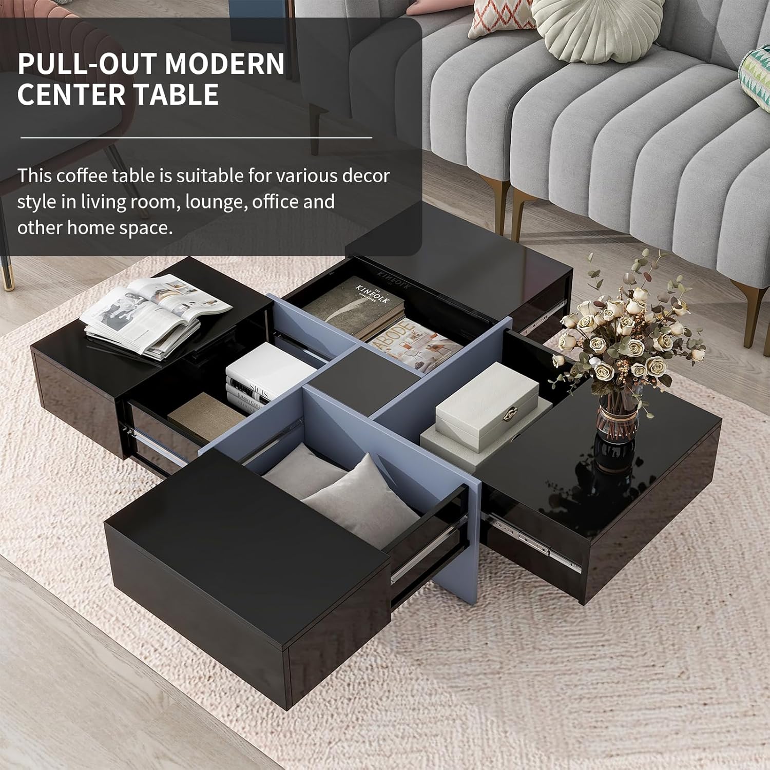 LETESA Mesa auxiliar con 4 compartimentos de almacenamiento ocultos, mesa central extraíble, mesa de cóctel cuadrada con mesa deslizante extensible,