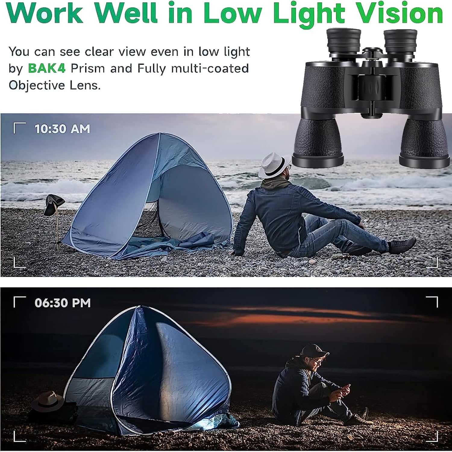 Binoculares de alta potencia de 20 x 50, prismáticos de alta potencia para adultos, visión nocturna con poca luz, impermeable, HD (10 x 50 – negro)