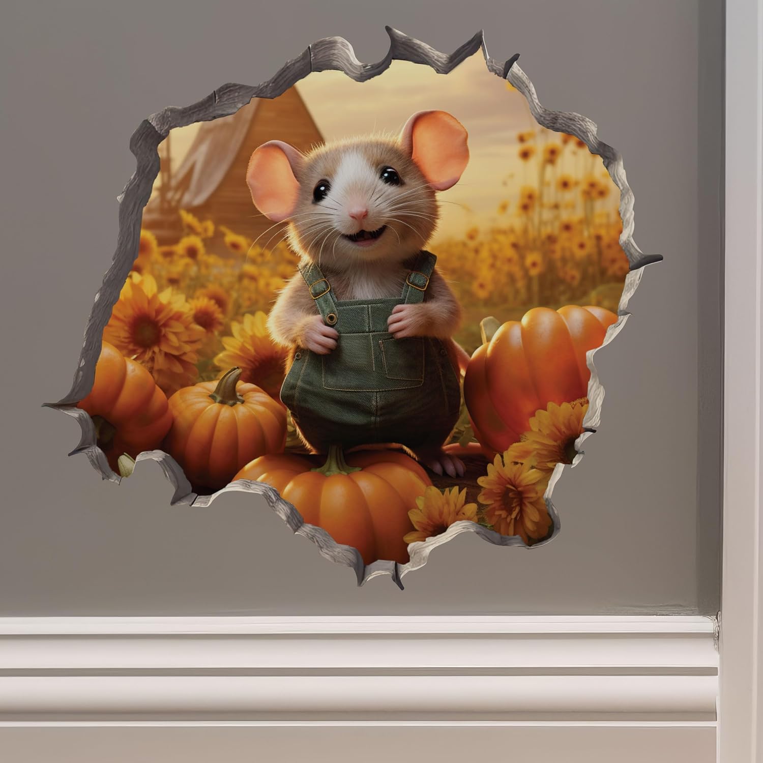 Calcomanía de pared 3D con parche de calabaza con agujero de ratón