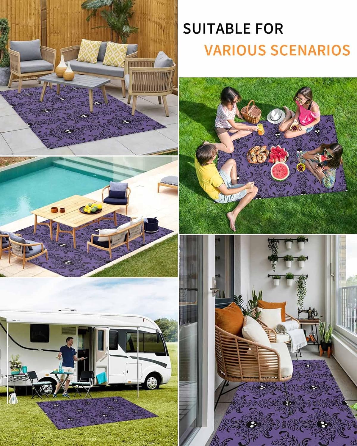Outdoor Rugs, Waterproof Indoor Carpet, Happy Halloween Purple Black Skull Patten 4’x6′ Outside Area Rug for Patios RV Camping Beach Floor Mat for