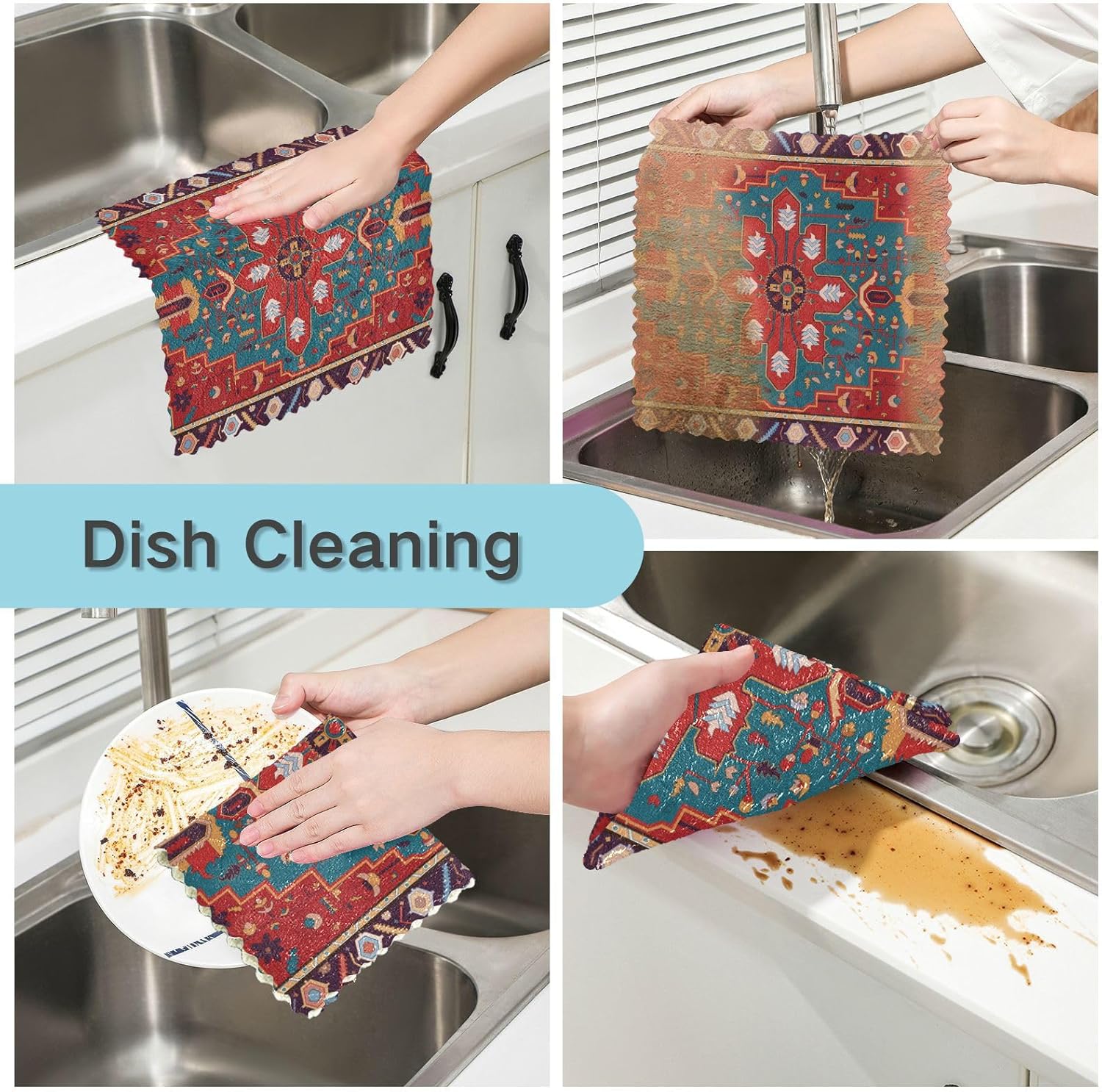 Persian Carpet Tribal Flower Blue 6 Pack Absorbent Microfiber Towels for Kitchen Decorative Soft Car Cleaning Cloth for Countertop Sink